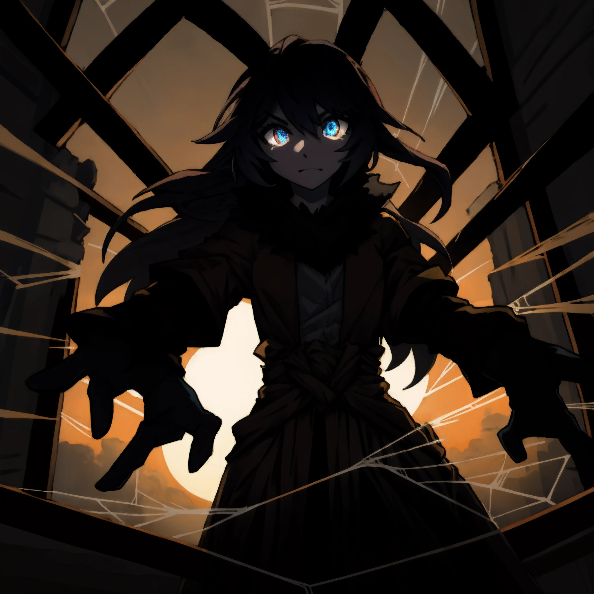 highres, top quality, best quality, paid reward available, High-quality illustrations, unparalleled masterpiece, Woman standing alone in the center of a dimly lit room with the setting sun shining through the window, Spider in the lower body, spider webs, absurdres(highly detailed beautiful face and eyes)perfect anatomy, expression, dynamic lighting, deep shadow, assorted poses, cinematic angle,