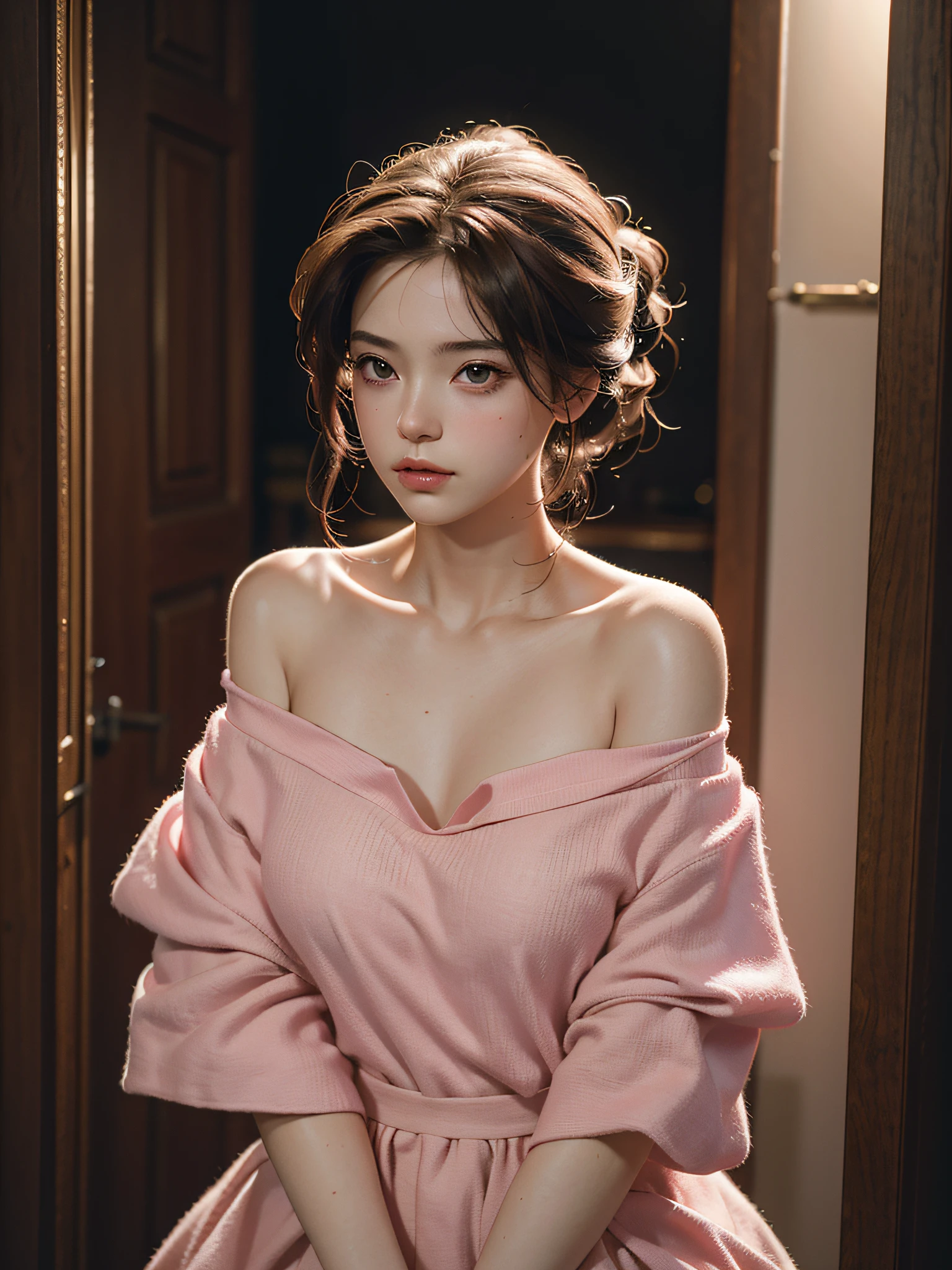 Best Quality, Masterpiece, Ultra High Resolution, (Realisticity: 1.4), Original Photo, 1girl, Pink Off-the-Shoulder, Cinematic Lighting