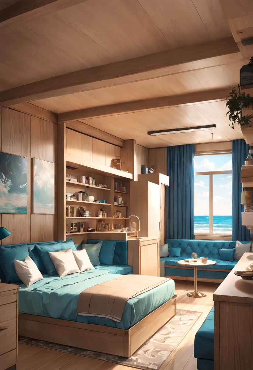 A studio with kitchen, bed, a little sofa. the finishes must be of some kind of wood, ocean blue and beige