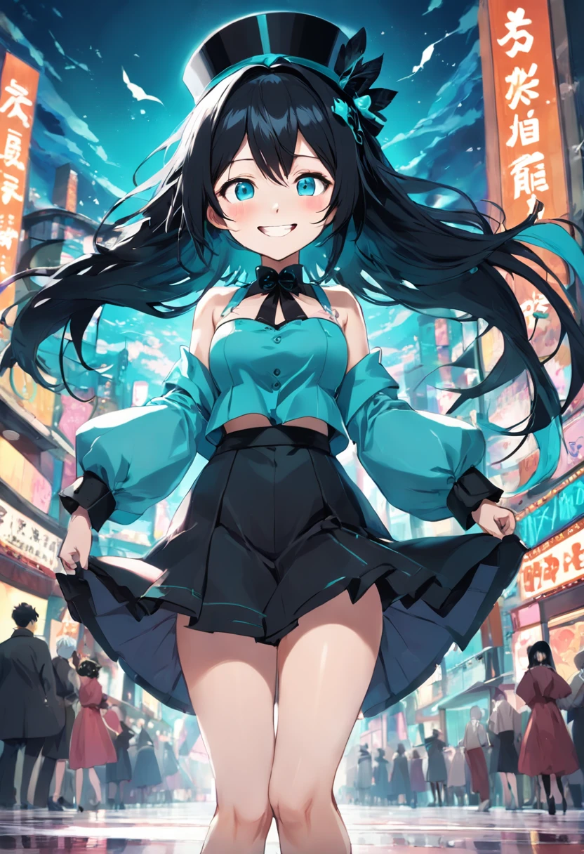 Hands behind back,Tied with hands behind back,lick,from front,front view,looking at viewer, looking ahead,from above,cowboy shot,1girl,Beautiful girl,Japanese,Slender,,low length,Small breasts,Thin legs,Small Ass,Baby Face,S,Black Hair,two side up,Gray Eyes,Drooping eyes,slit pupils,narrow eyes.middle School girls,with black leash,String extending to the camera side,A see-through black and light blue negligee,lingerie,open mouth,tongue out,front face,,Straight Stand,Beautiful and detailed anime art,Mischievous smile,Sexy vibe,cum on tongue,bustling street,In town