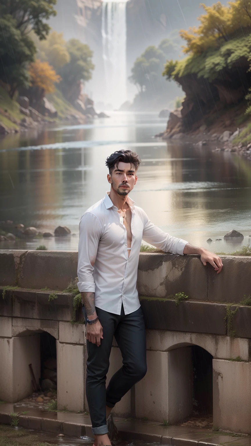 Background nature and rain looking face real 8k and shirt change hair style river