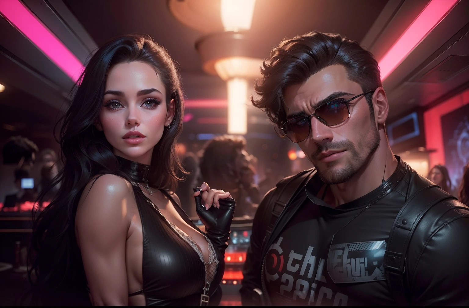 handsome man and sexy women in club, sci-fi