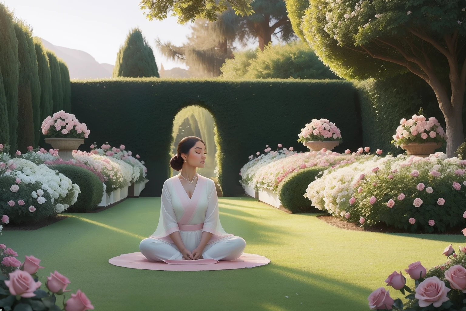 Year: 2019
Country: Monaco
Description: In the tranquil Princess Grace Rose Garden, an adult practices tai chi amidst the meticulously arranged rose beds. The soft morning light casts a warm glow on the scene as the practitioner moves gracefully through the meditative exercise. The pastel hues of the roses complement the calm atmosphere of the garden.