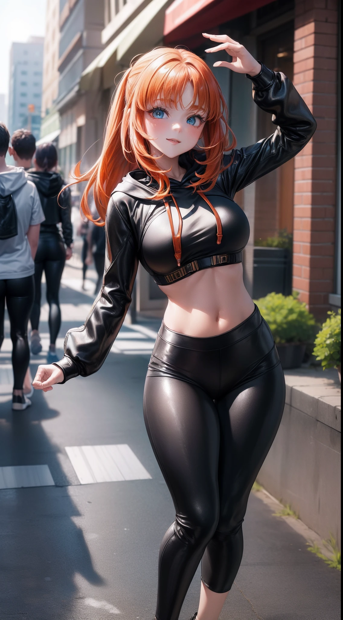 (Niloudef:1.4), 8k, highres, ultra detailed, (masterpiece:1.4), best quality, symmetrical body, (Black cropped hoodie:1.5), (leather leggins:1.5), full body shot, cute, solo, long hair, Orange hair, blue eyes, glow effect, finely eye, detailed face, looking at viewer, smilling at viewer, leaning forward, dominant look, (seductive:1.4), big breasts, sun, rim light, in the city, (dancing:1.4)