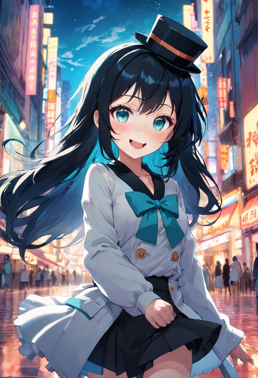 black hair, mini top hat, aqua eyes, smile, grin, jitome, panorama,beautiful girl