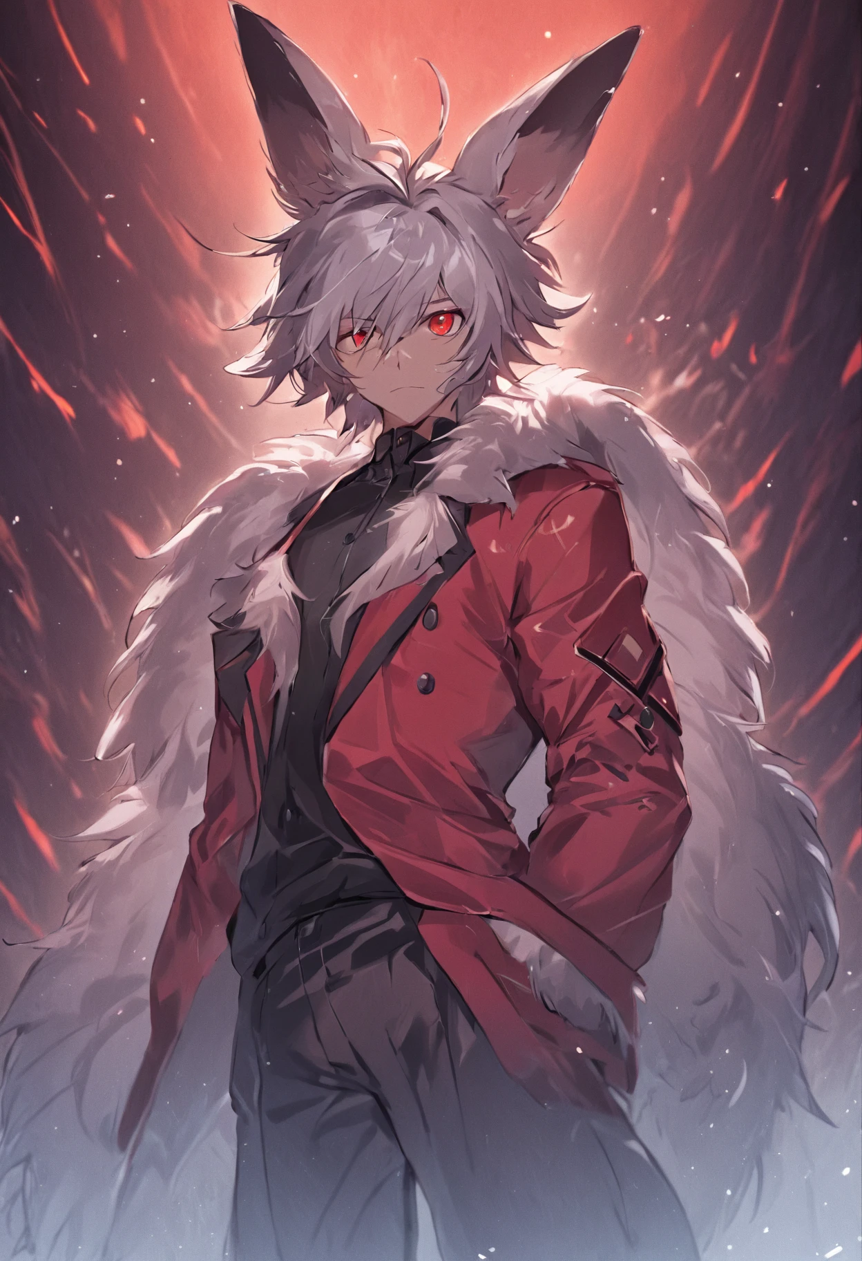 4K, high resolution, Best quality, Masterpiece, perfect colors, perfectly shaded, Perfect lighting, posted on e621, (by Chunie), Furry, anthro, Furry art,  Male rabbits, Rabbit ears，Two-tone leather，Silvery hair，hairy bodies, Red eyes, Perfect male bodyPerfect male figure, Wear men's shorts,Abs，musculature,Detailed fur, Detailed face, Perfect face, (The stands up), Detailed background, ((Bonifasko lighting)), coda, (Detailed eyes), perfect pupils