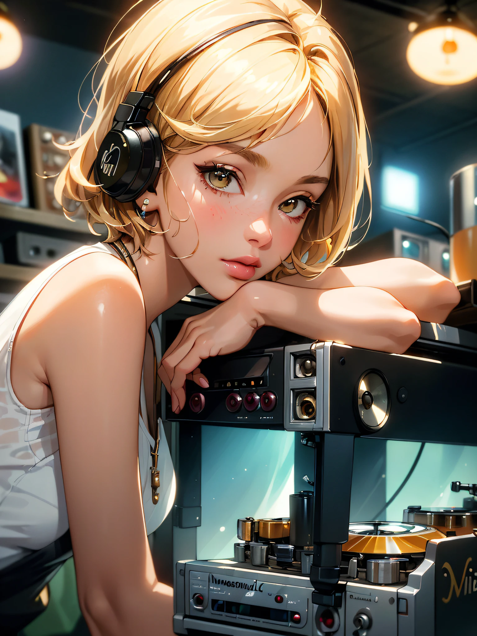 (masterpiece, best quality:1.4), ultra-detailed, soft light, natural lighting, cinematic light, film grain, (depth of field), (1woman, solo:1.4), mature woman, perfect female form, (perfect face, detailed face, glossy lips, eyeliner), short hair, blonde, (mixtape:1.4), (music store, discs, vinil, radio, amplifiers, speakers),