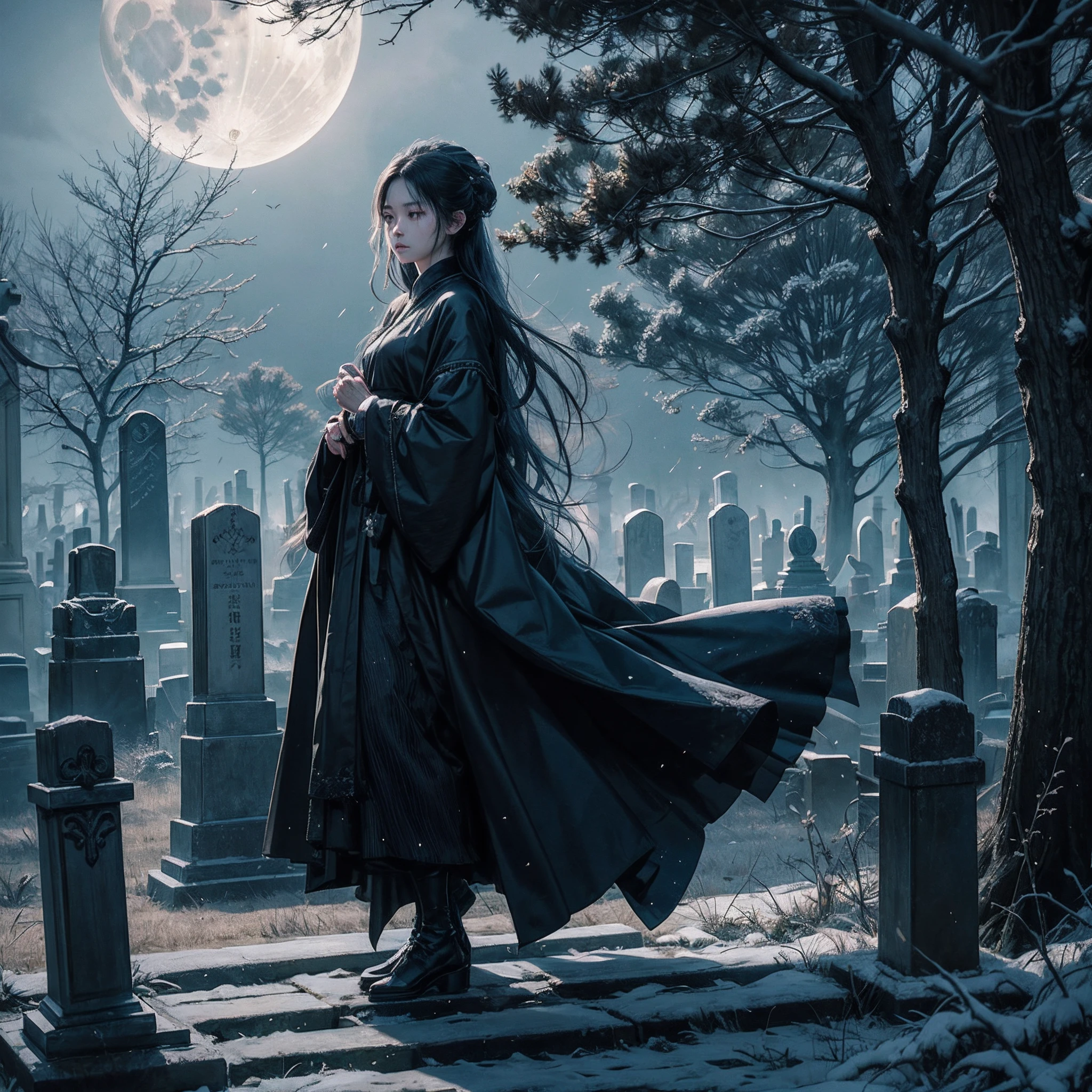 ,masterpiece, best quality,8k, ultra highres,On a dark and gloomy night,Shrouded in a thick fog,The moonlight shone faintly through the clouds。A silent cemetery comes into view,The tombstones are covered with a thin mist,It was as if countless ghosts were awakening。On the night of this Mid-Metaverse,An aura of mystery pervades the cemetery。
In the corner of the cemetery,An ancient dead tree stands proudly。Its branches are twisted and messy,An arm that looks like a huge net stretches out into the sky,Exudes a mysterious dark aura。Subtle lights spill on the ground through gaps in the branches,Cast all kinds of bizarre shapes。
sudden,A cold wind howled,Blowing candles nearby,Let them shine erratically。With the cold wind blowing,The ghosts in the cemetery have been revealed。They wear ancient robes,The face is eerie,Through the faint moonlight,It can be seen that their faces seem to freeze with a kind of pain and sorrow that cannot be let go。
One of the ghosts,A beautiful and haggard woman,Stand quietly in front of a tombstone。Her eyes were deep and melancholy,It reveals the remembrance of life and endless longing。Her long hair danced in the wind,Silver glow in the night,It seems to echo the moon。 --auto