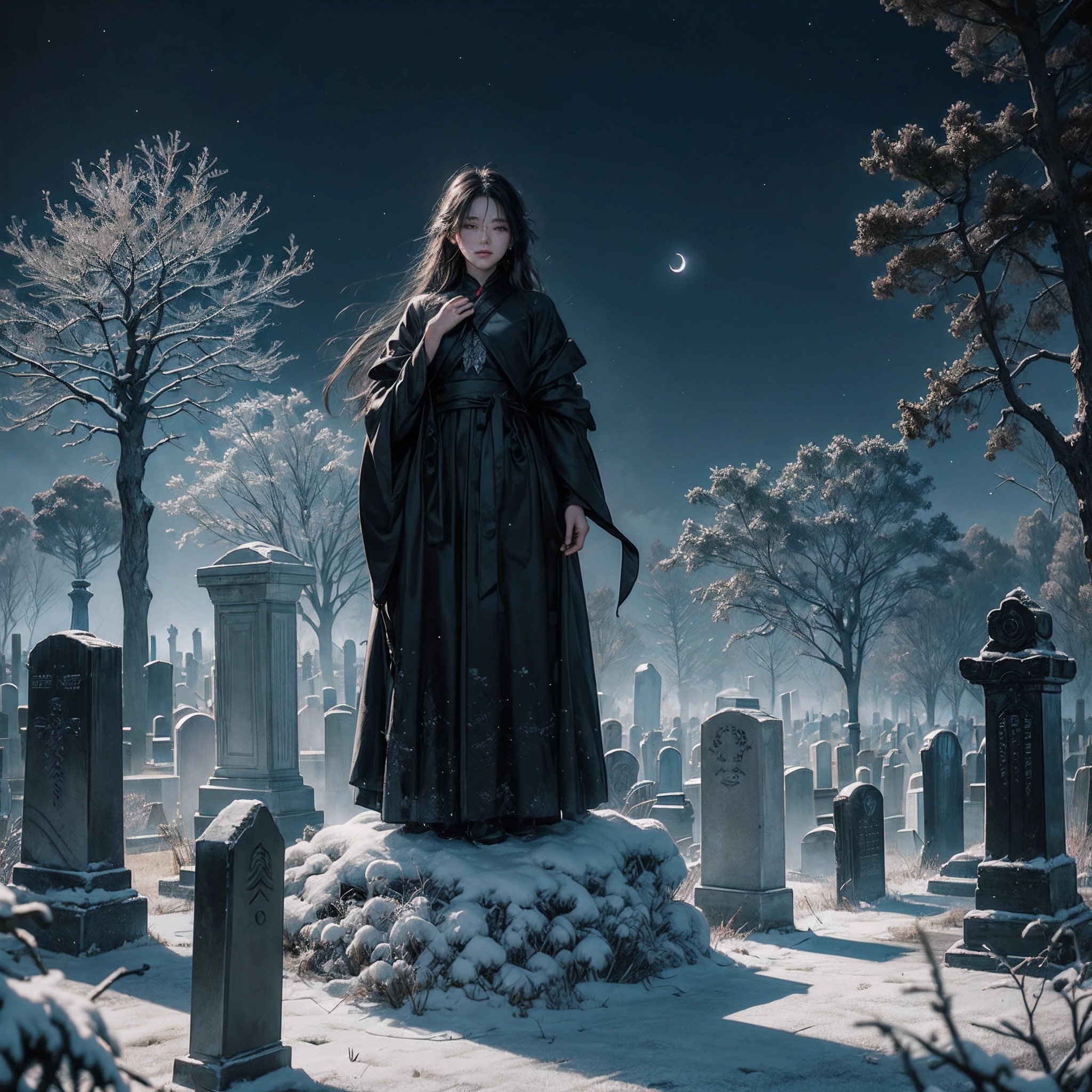 ,masterpiece, best quality,8k, ultra highres,On a dark and gloomy night,Shrouded in a thick fog,The moonlight shone faintly through the clouds。A silent cemetery comes into view,The tombstones are covered with a thin mist,It was as if countless ghosts were awakening。On the night of this Mid-Metaverse,An aura of mystery pervades the cemetery。
In the corner of the cemetery,An ancient dead tree stands proudly。Its branches are twisted and messy,An arm that looks like a huge net stretches out into the sky,Exudes a mysterious dark aura。Subtle lights spill on the ground through gaps in the branches,Cast all kinds of bizarre shapes。
sudden,A cold wind howled,Blowing candles nearby,Let them shine erratically。With the cold wind blowing,The ghosts in the cemetery have been revealed。They wear ancient robes,The face is eerie,Through the faint moonlight,It can be seen that their faces seem to freeze with a kind of pain and sorrow that cannot be let go。
One of the ghosts,A beautiful and haggard woman,Stand quietly in front of a tombstone。Her eyes were deep and melancholy,It reveals the remembrance of life and endless longing。Her long hair danced in the wind,Silver glow in the night,It seems to echo the moon。 --auto