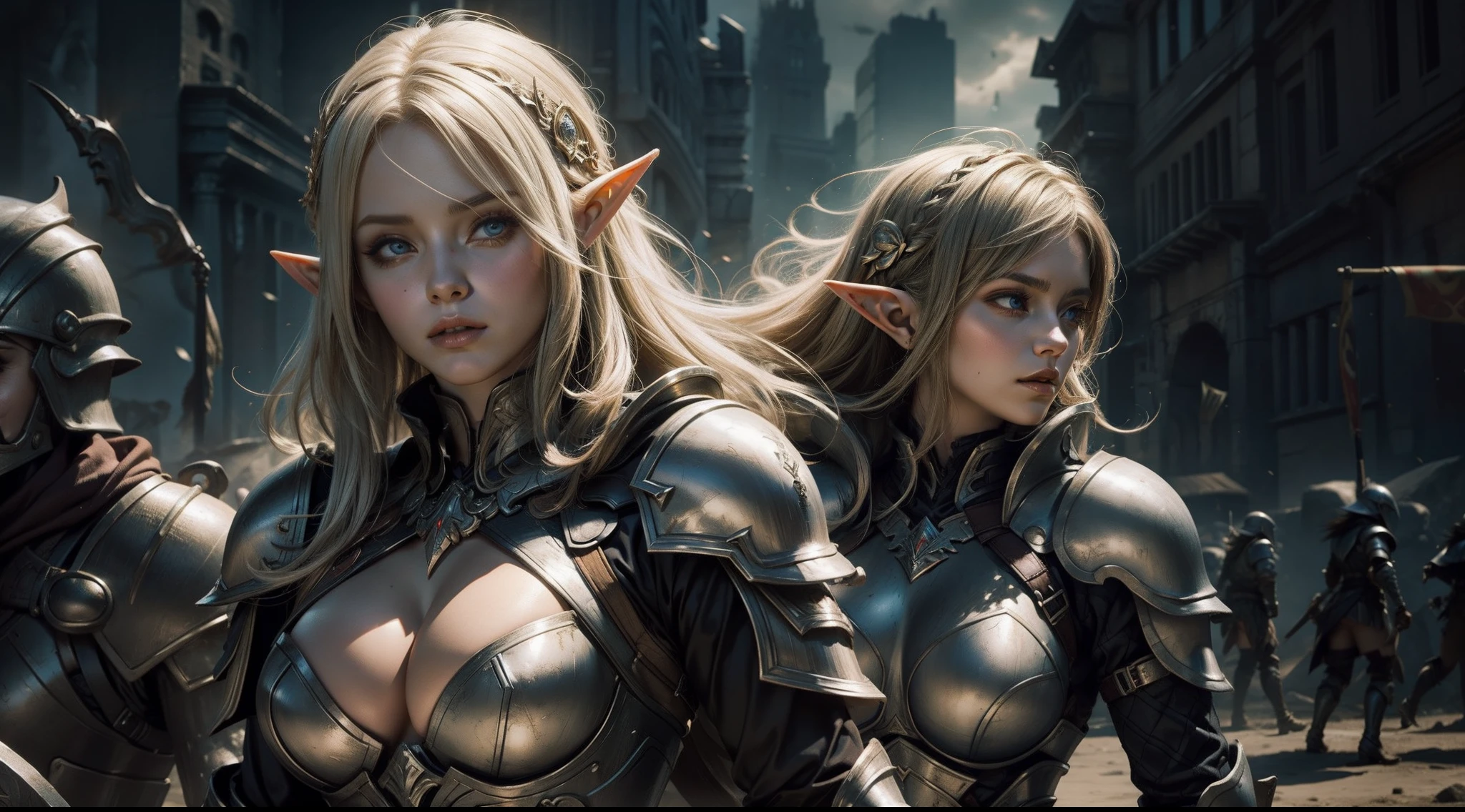 Female elf,Large breasts,Heavy armor,complex patterns,The background is the battlefield,Fighting posture,Mid-range portrait