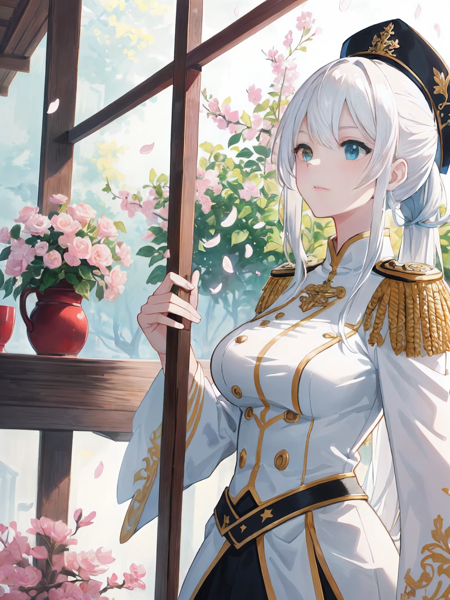 epaulette,Pale skin,White hair,double-ponytail,Peaked hat,army suit,Cowboy boots,Cherry blossoms,Nature,Sunny,mid afternoon,in fall,Red and blue heterochromia,Cinematic lighting,anime big breast,fate grand order,Game CG,hugefilesize ,scenery,anime coloring,(((Masterpiece))), (((Best quality))), ((Ultra-detailed)), (illustration), (Detailed light),((An extremely delicate and beautiful)),Dramatic black tones,Ray tracing,((Masterpiece)), (((Best quality))), ((Ultra-detailed)), ((illustration)), Dynamic Angle,{{illustration}},{{{Masterpiece}}},{{Best quality}},{high resolution}, hignity 8k wallpaper,Detailed background,{{beautiful detailed  water}},{Beautiful detailed face},fluttered detailed splashs,{{intricately details}},{A high resolution}