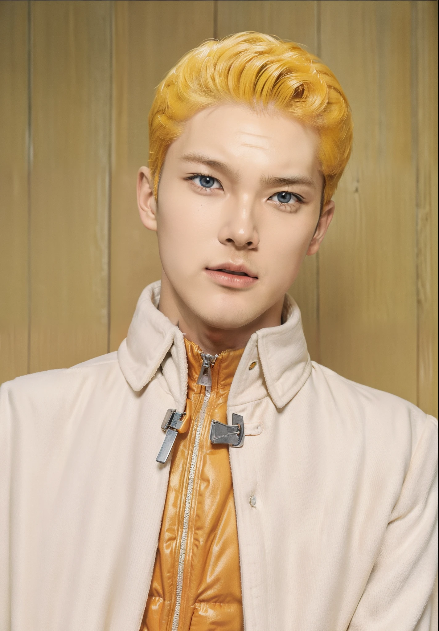 Real life adaption of this character,realistic detail same yellow the Dandy cut Hairstyle ,wearing realistic orange sport jacket with Zipper and wearing realistic white thin cloak with collar,((handsome Korean  face)),hyper realistic,realism,realistic light,realistic shadow,(photorealistic:1.2),blue eyes