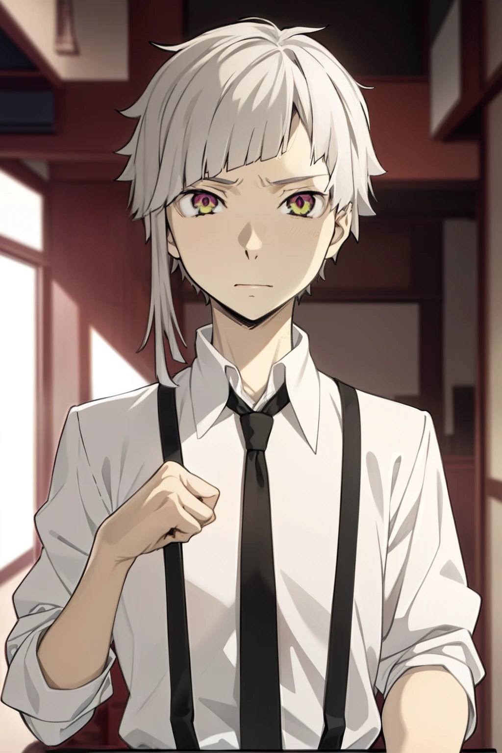 ​masterpiece, top-quality, hightquality, 1 juvenile, 独奏, Male Focus, Look at viewers, The upper part of the body, Nakashima_Atsushi, white  hair, neck tie, suspenders, shirt with collar