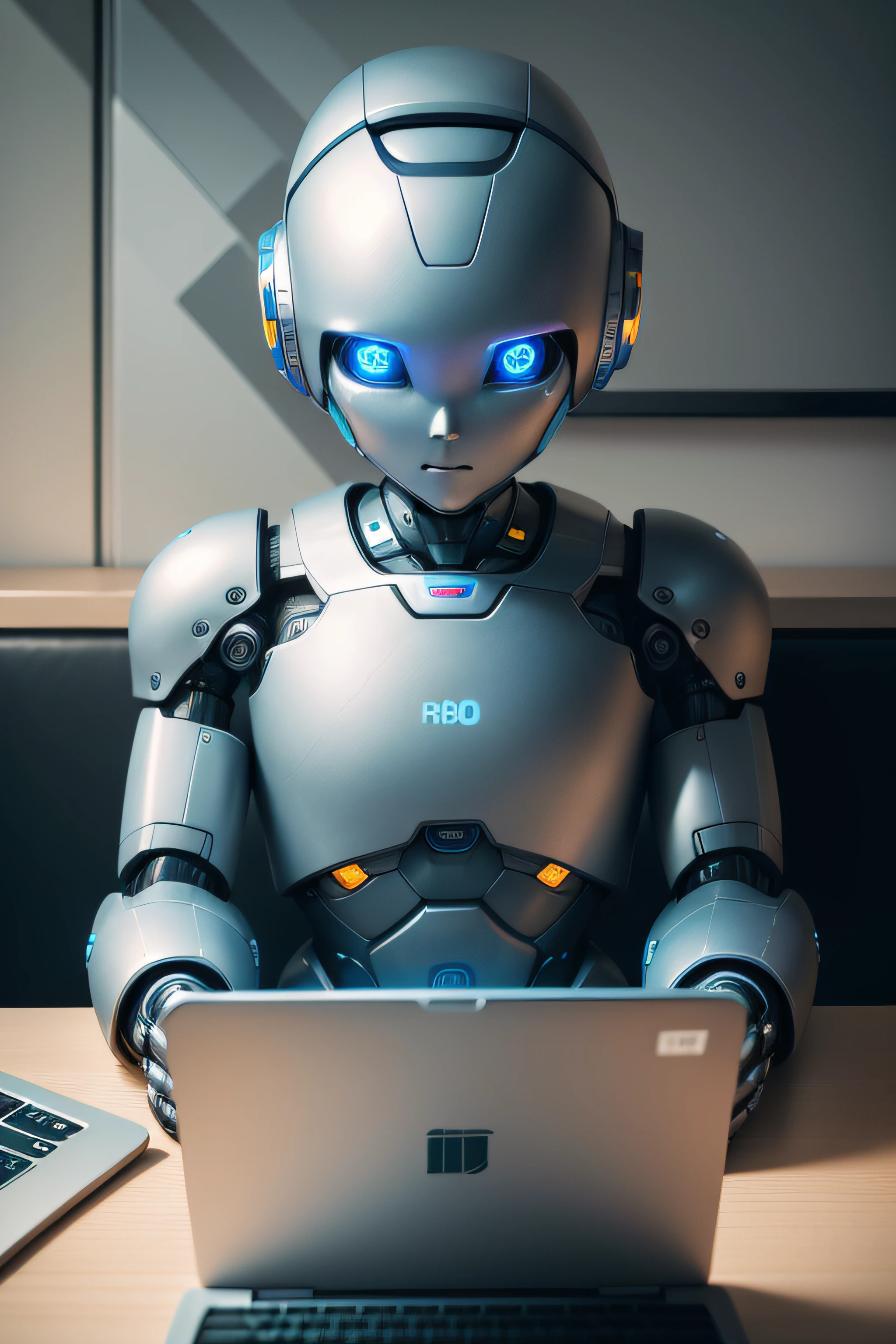 a close up of a robot sitting at a table with a laptop, adorable friendly robot, cute humanoid robot, friendly humanoid cyber robot, cute robot, friendly robot, strong artificial intelligence, robot with human face, with ai theme, friendly humanoid robot, endless collaboration with ai, happy robot, artificial intelligence, artificial intelligence!!, humanoid character