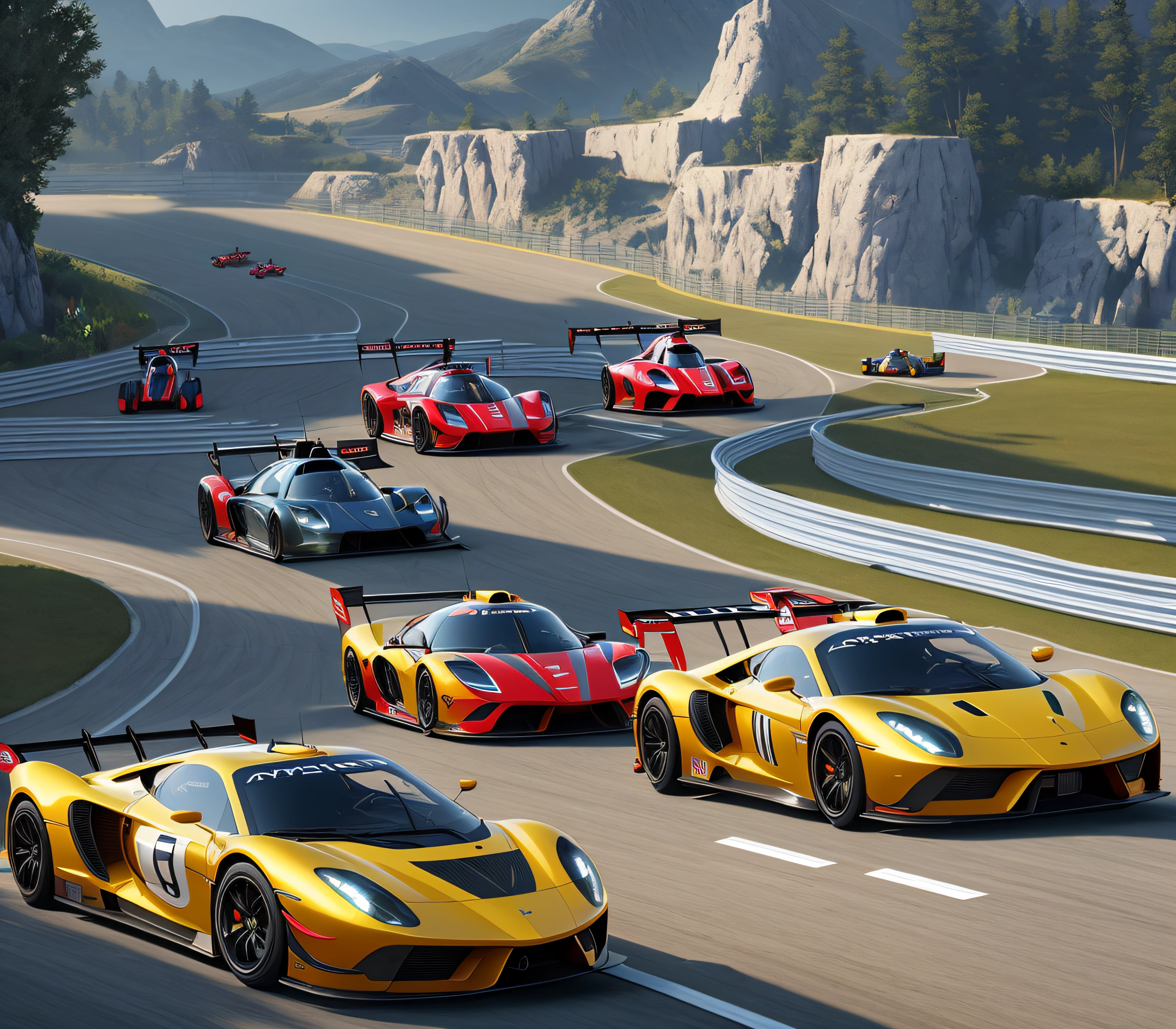 Alafeld racing on the track，Helicopters flew over them, powers, CG art, new ai race, massive vertical grand prix race, Many exotic cars, Game CG, ethnicity, ultra realistic”, hyperrealistic”, octane cgsociety, realistic cars, inspired by Harry Haenigsen, 2020 video game screenshot, Ultra-realistic graphics，surrealism, Verism, Chiaroscuro, Cinematic lighting, Ray tracing, reflective light, From above, Satellite image, hyper HD, retinas, Masterpiece, ccurate, Super detail, High details, High quality, Award-Awarded, Best quality, A high resolution, 8K，Big look up，High-altitude view，