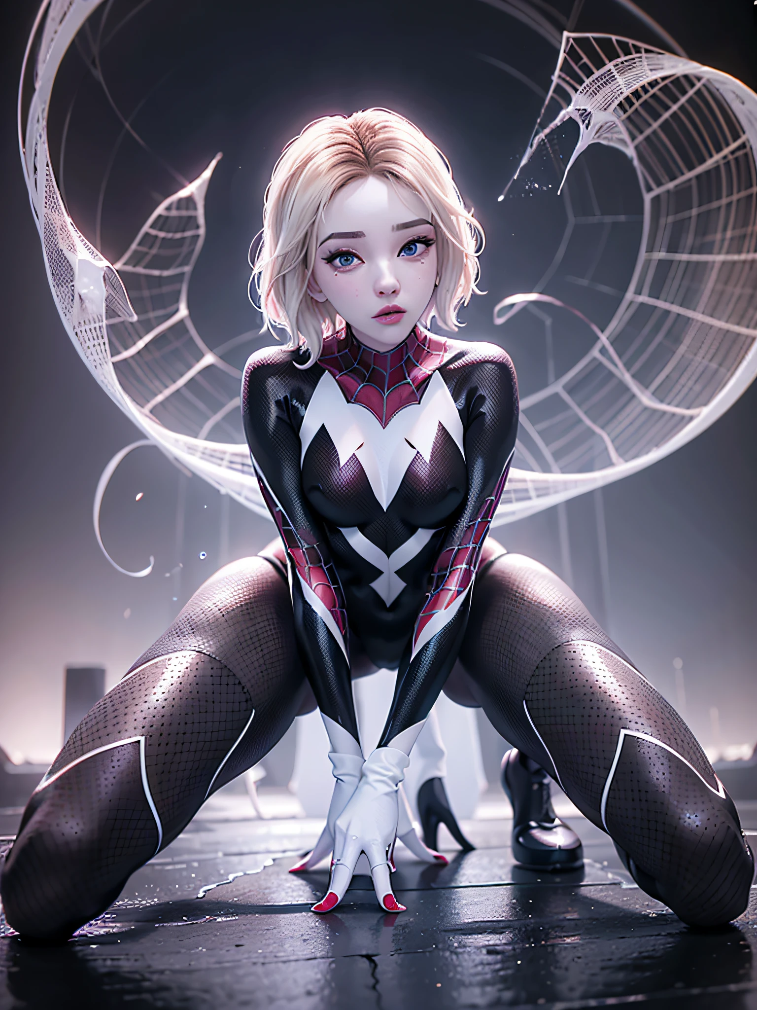 ghost spider, gwen in a black outfit with spider in the center of his chest in white, organic looking outfit, gooey forehead, symbiote, white eyes, fine art, ps5 cinematic screenshot,highly detailed detailed cinematic rendering, ultra photorealistic raytricing, with cinematic lighting