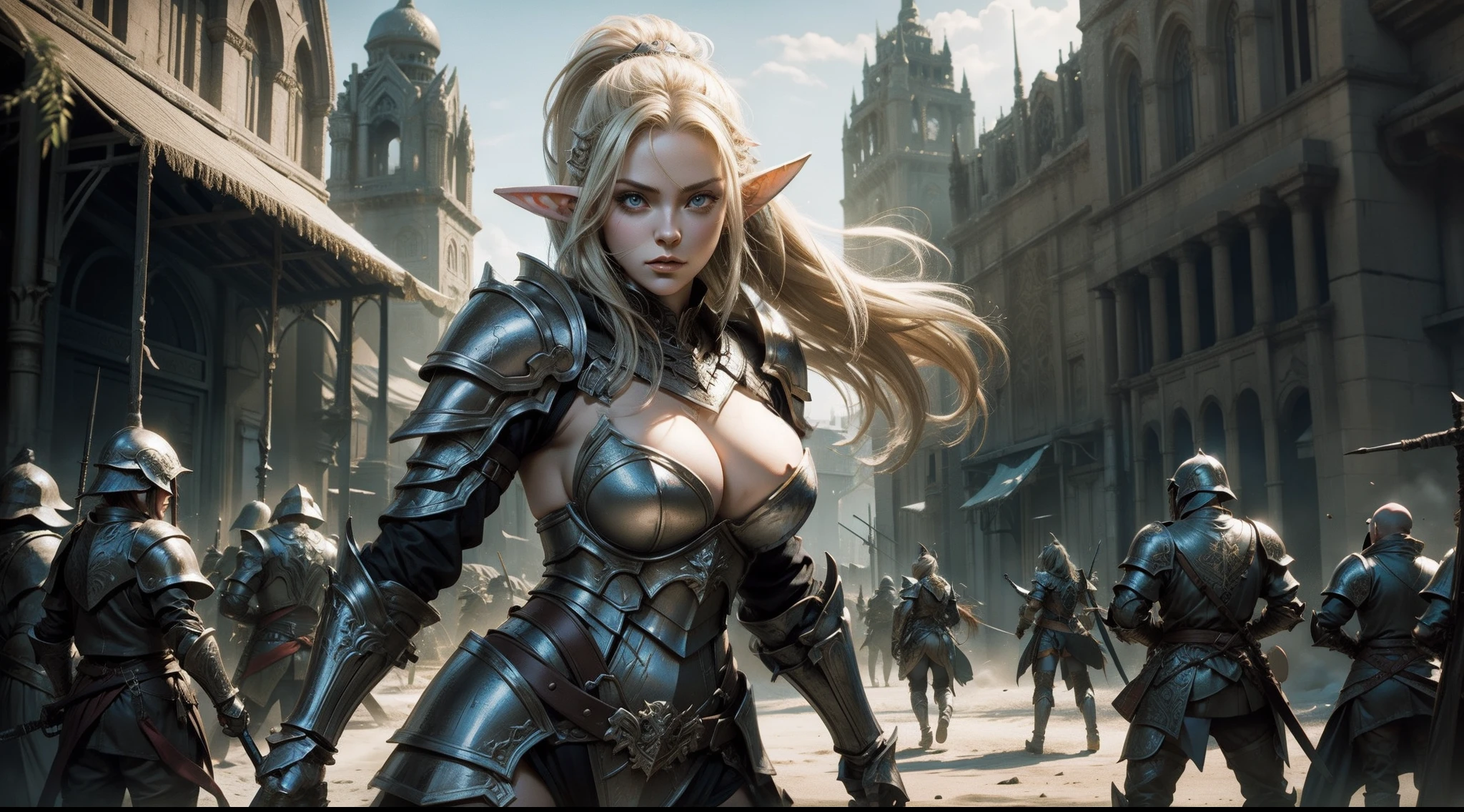 Female elf，Large breasts，Heavy armor，complex patterns，The background is the battlefield，Fighting posture，Mid-range portrait，photorealestic