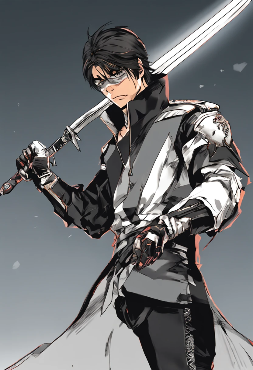 Close-up of a man with a sword and a pair of gloves, shirow masamune, shigenori soejima illustration, inspired by Yamagata Hiro, Kazuto Okada。, Kirito, !!Full body portrait!!, inspired by Sakai Hōitsu, Handsome anime pose, trigger anime artstyle, Style game square Enix，detailed full body concept art，( ( concept art of character ) ), [ Character design ], Anime character design，full bodyesbian