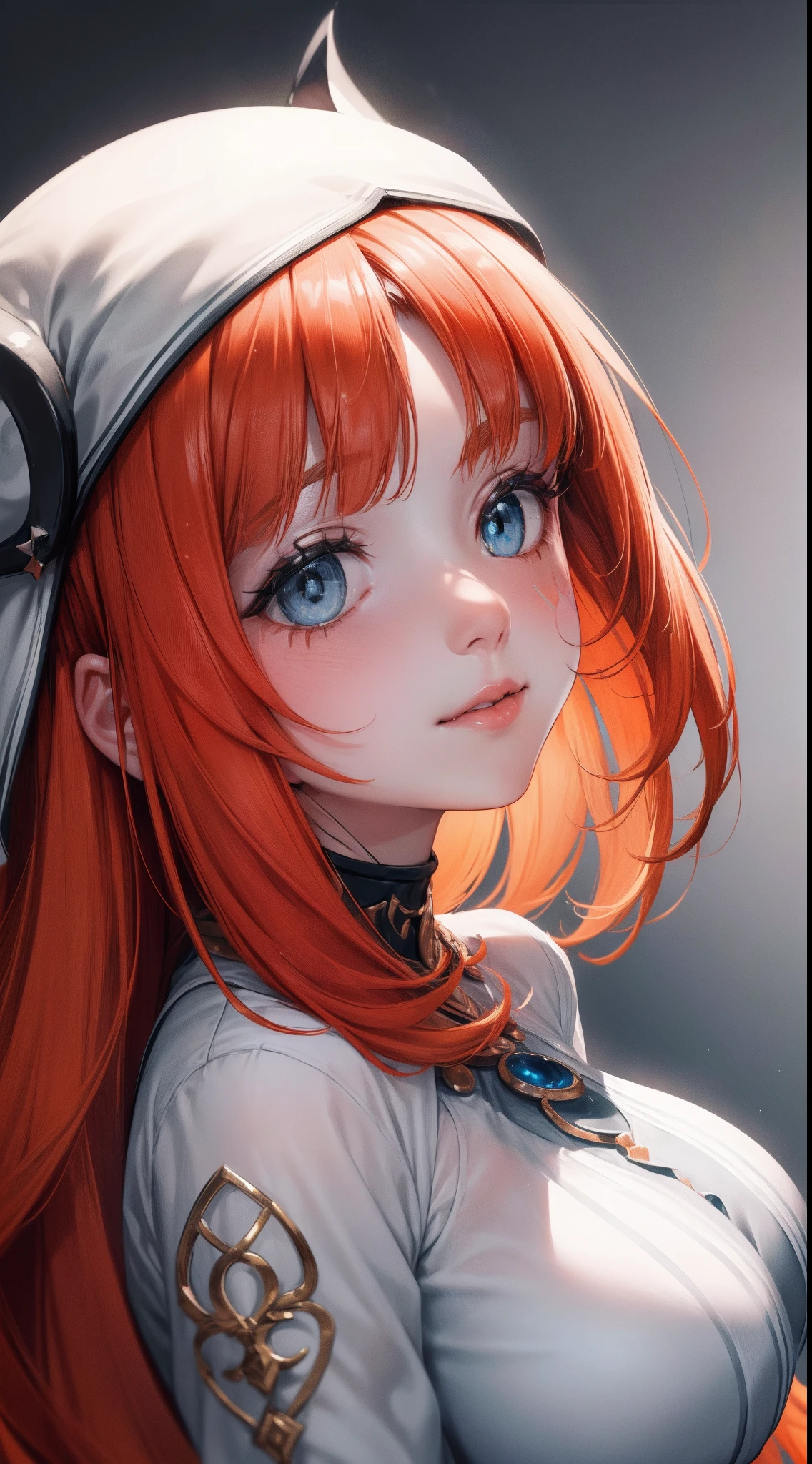 (Niloudef:1.6), 8k, highres, ultra detailed, (masterpiece:1.4), (Black and white portrait:1.4), best quality, symmetrical body, beautiful clothes, cute, solo, long hair, orange hair, blue eyes, glow effect, finely eye, detailed face, looking at viewer, smilling at viewer, dark background, angled view, big breasts, beauty mark