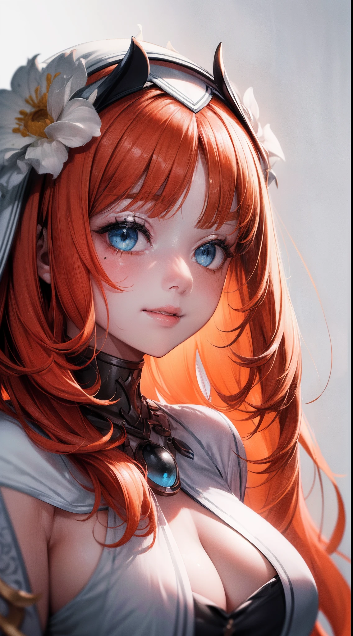 (Niloudef:1.6), 8k, highres, ultra detailed, (masterpiece:1.4), (Black and white portrait:1.4), best quality, symmetrical body, beautiful clothes, cute, solo, long hair, orange hair, blue eyes, glow effect, finely eye, detailed face, looking at viewer, smilling at viewer, dark background, angled view, big breasts, beauty mark