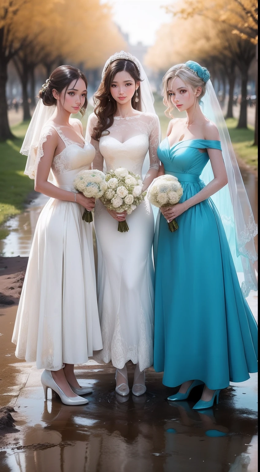 Three European brides,Wear a luxurious designer PUFY wedding dress , Their clothes were stained with mud , Play in muddy puddles, They are covered in dirt in designer wedding dresses.
