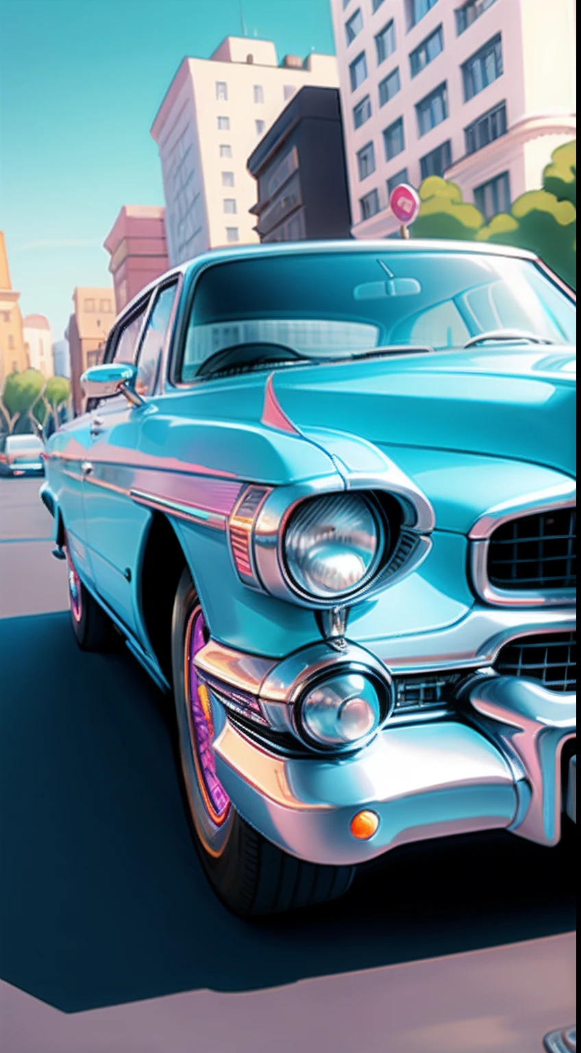 Classic Cadillac DeVille Zoom Out cruise on charming city boulevards, colorful cartoon coloring books, vibrant color contrast zoom out, unzoom