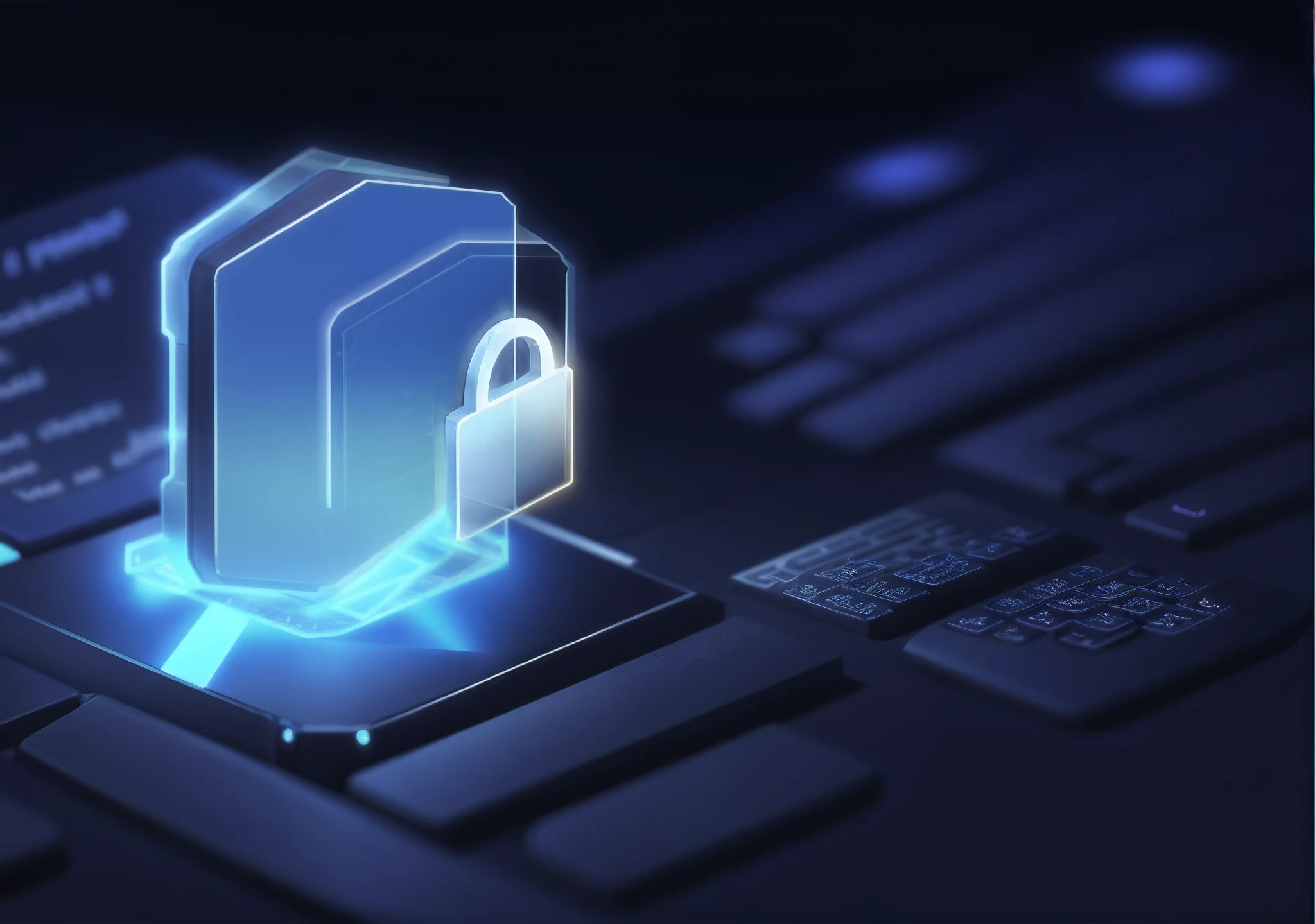 There is a blue lock on the keyed computer keyboard, cyber security polygon, on a dark background, hacking into the mainframe, Close-up shot, medium close up shot, depicted as a 3 d render, author:Julian Allen, blockchain vault, author:Sebastian Franks, the encrypted metaverse, Cyber background, exploitable image
