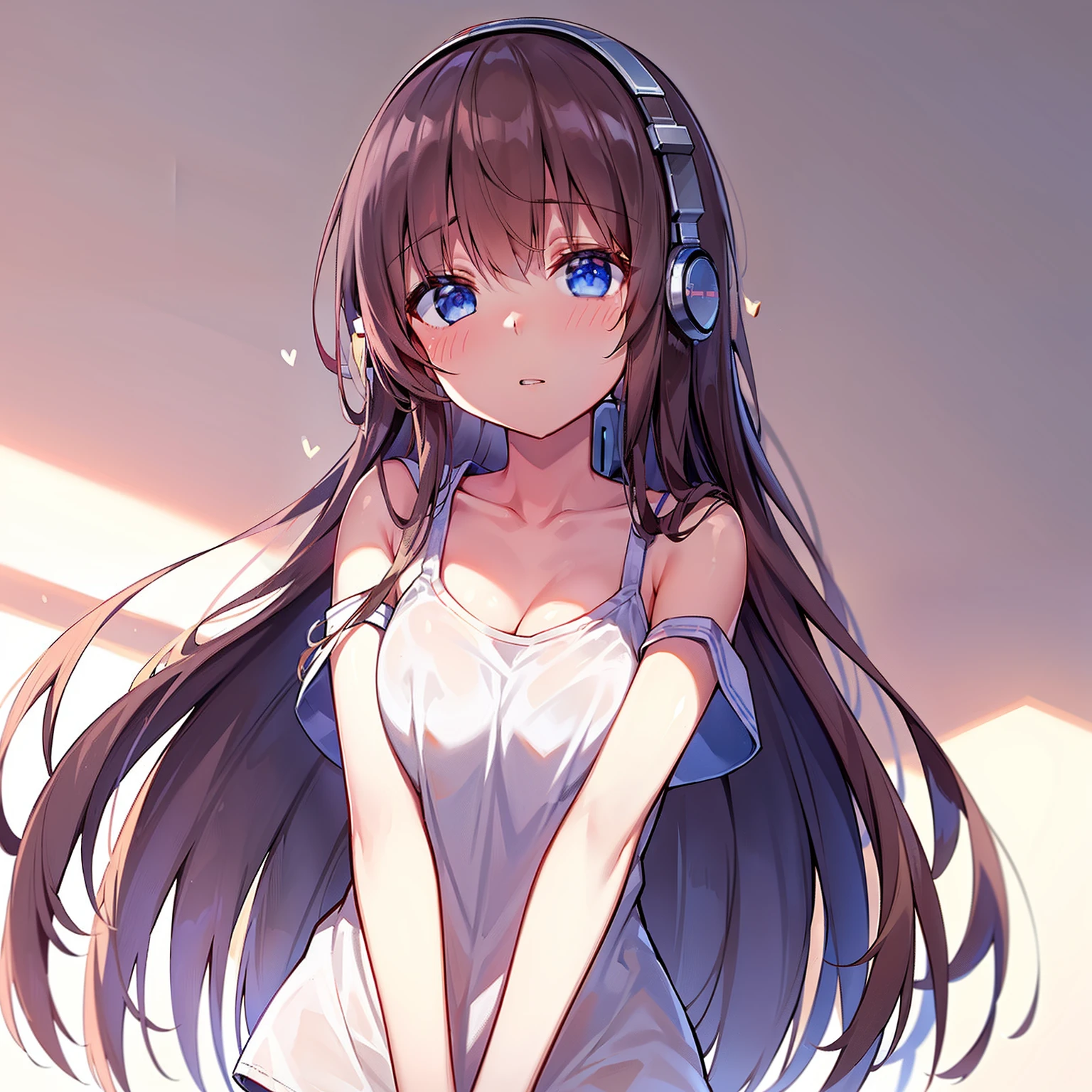 1girl, masterpiece, best quality, perfect hands, black rabbit ears, long rabbit ears, rabbit girl, black hair, cyan streaked hair, cyan colored inner hair, very long hair, hair spread out, shiny hair, cyan eyes, white short sleeves, very long short sleeves, loose short sleeves, bare legs, headphones, shoulder cutout, bare shoulders, collarbone, off shoulder, blush, bottomless, chin grab, shoulder straps dropping off, sofa, sitting, lazy