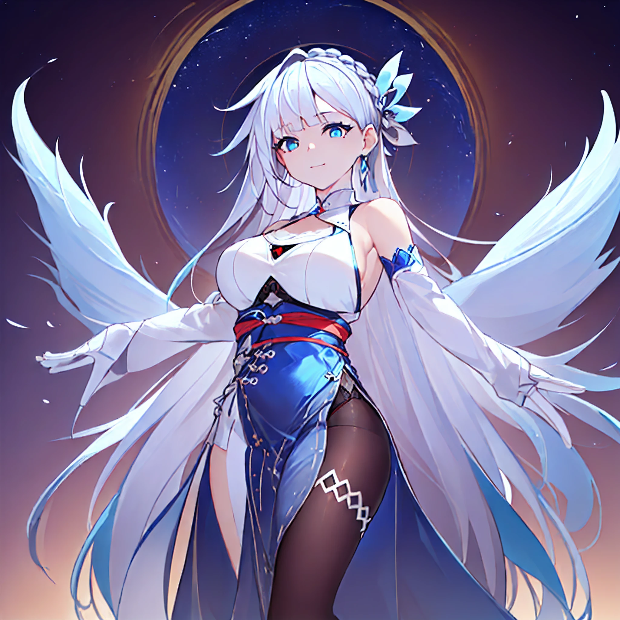 (faux traditional media:1.3), (Masterpiece:1.6), (Best quality:1.6), (Top resolution:1.6),  Solo, Chinese clothes, china dress, Pelvic curtain, official outfit,(White color hair:1.5), (hair all white:1.8)，wing hair ornament, 1girll, dress, White dress, Solo, hair adornments, Breasts, Bare shoulders, view the viewer, double tails, bangs, Smile, jewelry, (Blue-blue eyes:1.8), Closed mouth, Sleeveless dress, (Place your hands under your body:1.8)，(The arms are straight down:1.8)，Face the audience，skadi，(The background is night:1.7), Full body photo, (Very verbose characters:1.6), (Very detailed face:1.6), (Very detailed eyes:1.3)，very highly detailed background，black pantyhoses