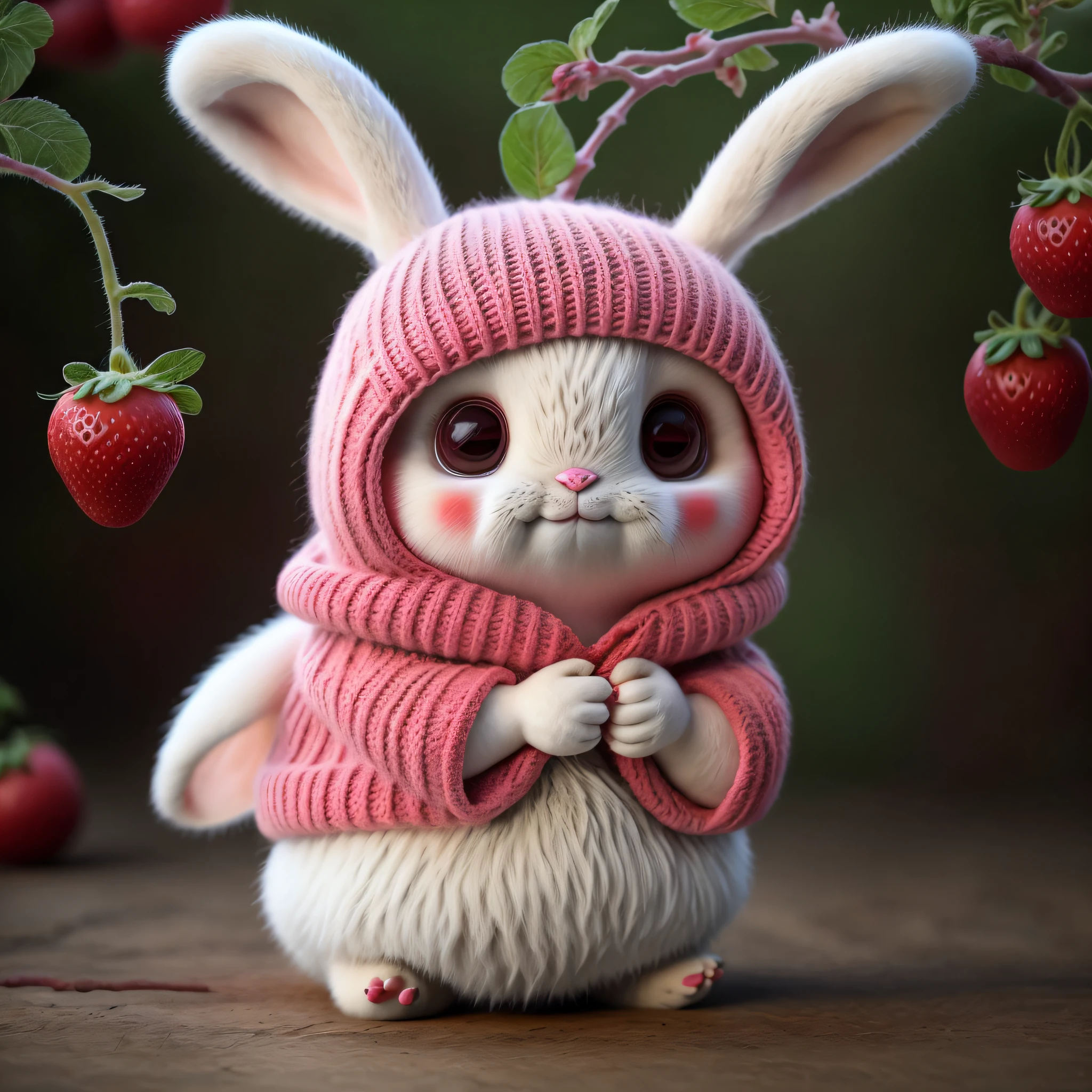 bunny, realistic, furry animal, apple, black eye, blush, cherry, food, fruit, full body, hat, inhuman, strawberry, tomato, watermelon