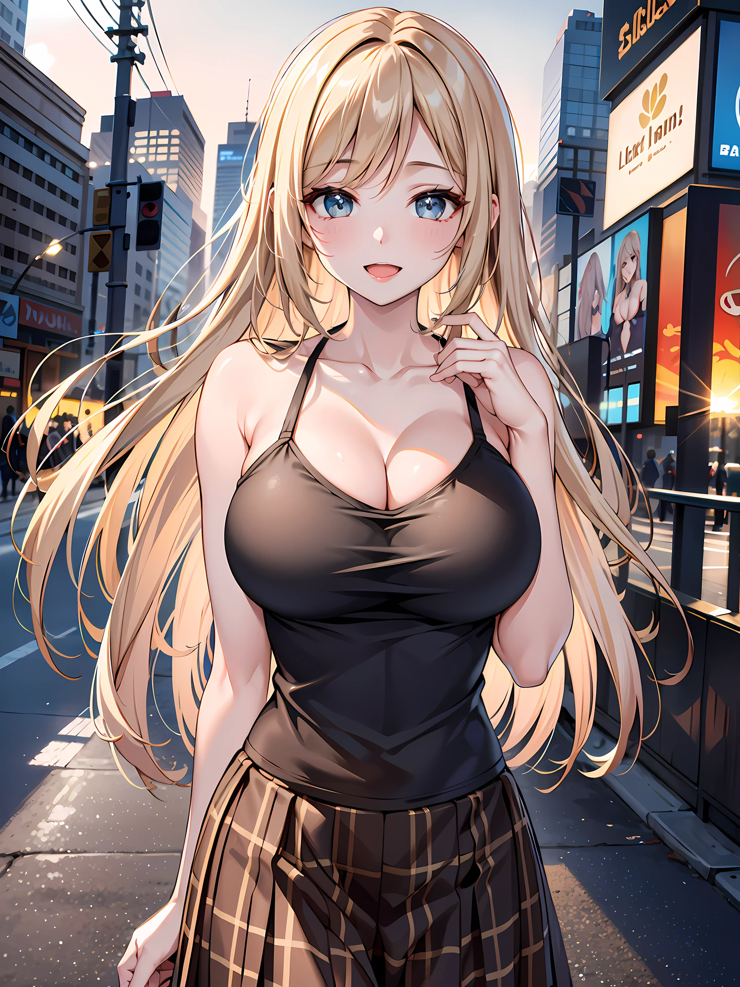 (1girl:1.3, solo), (Masterpiece, best quality, photorealistic, highres, photography, :1.3), ultra-detailed, sharp focus, professional photo, commercial photo, (upper body:1.3), (standing at downtow street), (((starring at the viewer:1.5))), (arms behind back:1.3), 
BREAK, 
1girl, solo, milf, European girl, hot model, (attractive model:1.37), (promotional model:1.2), highly detailed eyes and pupils, realistic skin, ((attractive body, gigantic breast:1.38, disproportionate breasts:1.38, thin waist:1.15)), medium-length thin hair, single braid hair, mahogany hair, extremely detailed hair, delicate sexy face, sensual gaze, shiny lips, 
BREAK, 
(dark-orange camisole:1.3), (black plaid-pattern-skirt:1.3), detailed clothes, 
BREAK, 
(outdoor, Times Square garden background, blurry background:1.25, simple background, no-human background, detailed background), (under sunset:1.37), 
BREAK, 
(attractive posing), ((realistic, super realistic, realism, realistic detail)), perfect anatomy, perfect proportion, bokeh, depth of field, hyper sharp image, (attractive emotion, seductive smile:1.2, happy:1.2, blush:1.2, :d:1.2, :p:1.2), 4fingers and thumb, perfect human hands, wind,