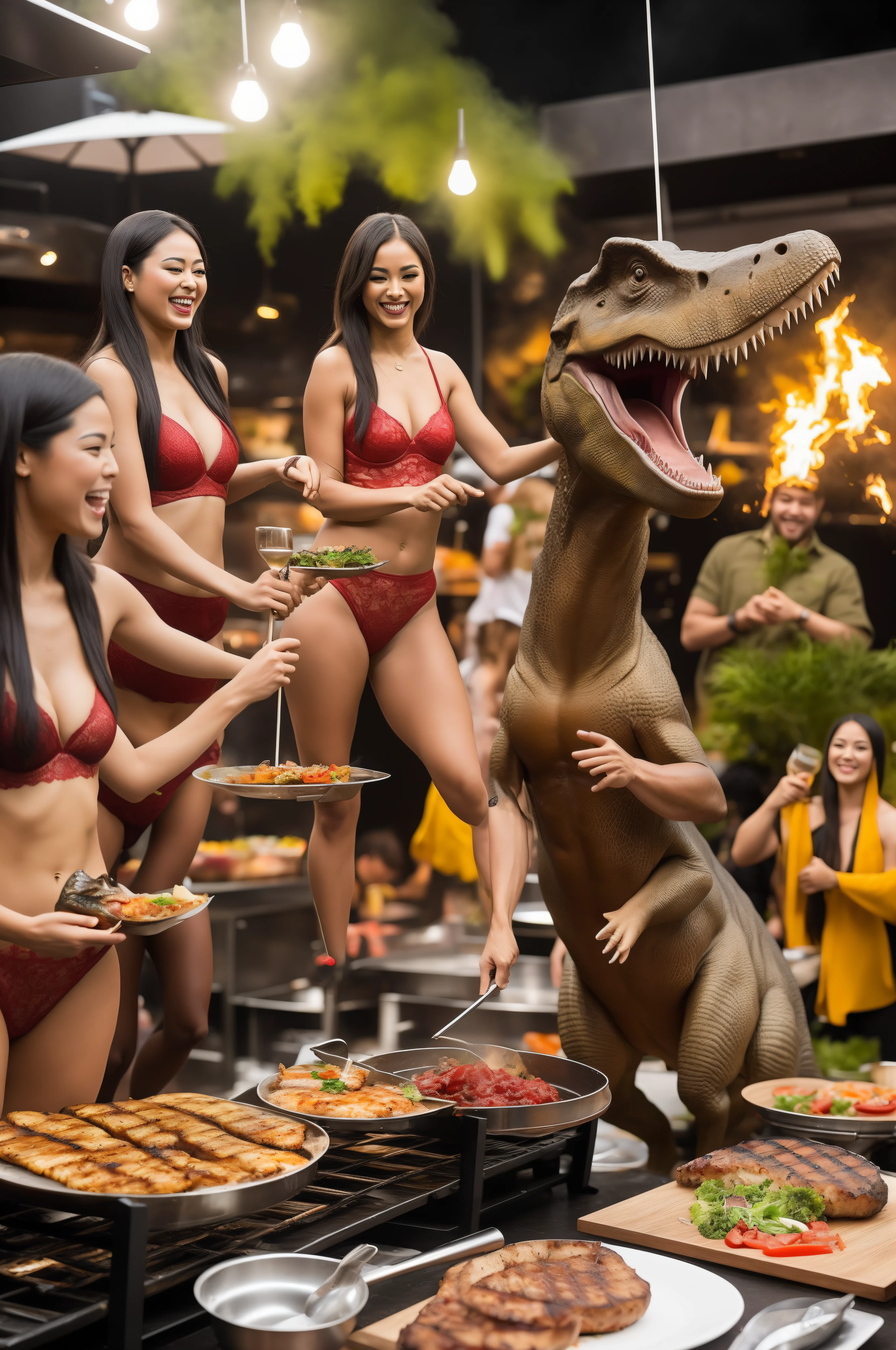 In a wild and imaginative twist of events, the mighty Tyrannosaurus rex found itself in a role quite different from its fearsome reputation - as the barbecue cook for a group of 25-year-old lingerie models. This unexpected scenario unfolded in a whimsical world where dinosaurs and modern humans coexisted in harmony.

The T. rex, affectionately known as "T-Rex Chef" by the models, had surprisingly adapted to its newfound culinary role. Standing at an impressive height, its large and imposing form cast a shadow over the barbecue grill as it expertly handled tongs and spatulas with its tiny yet agile arms. Its keen sense of smell allowed it to identify the perfect blend of spices and marinades to enhance the flavor of the dishes.

Surrounded by the lively energy of the young models, who embraced the novelty of their prehistoric chef, T-Rex Chef went about its tasks with a mixture of focus and gentle camaraderie. The models would playfully tease the dinosaur, and it would respond with a good-natured growl, its large teeth and jaws a stark contrast to its surprisingly friendly demeanor.

Despite its somewhat limited reach due to its short arms, T-Rex Chef had ingeniously arranged its cooking station for efficiency. It managed to flip burgers, skewer vegetables, and baste meats with a grace that defied its size. The combination of its culinary skills and the lively banter of the models created an atmosphere of laughter and joy.

As the aroma of sizzling barbecue filled the air, the models donned playful aprons and helped with various tasks, making the experience more of a shared adventure than a conventional cooking arrangement. T-Rex Chef would occasionally let out a triumphant roar as it unveiled its perfectly grilled creations, and the models would respond with cheers and applause.

The whimsical scenes of a T. rex flipping burgers while surrounded by lingerie-clad models became the stuff of legend in this alternate reality. The unlikely friendship between the ancient