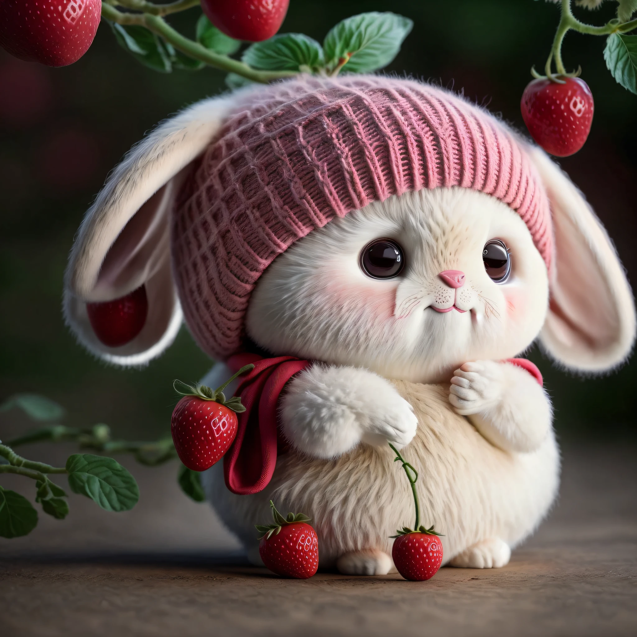 bunny, realistic, furry animal, apple, black eye, blush, cherry, food, fruit, full body, hat, inhuman, strawberry, tomato, watermelon