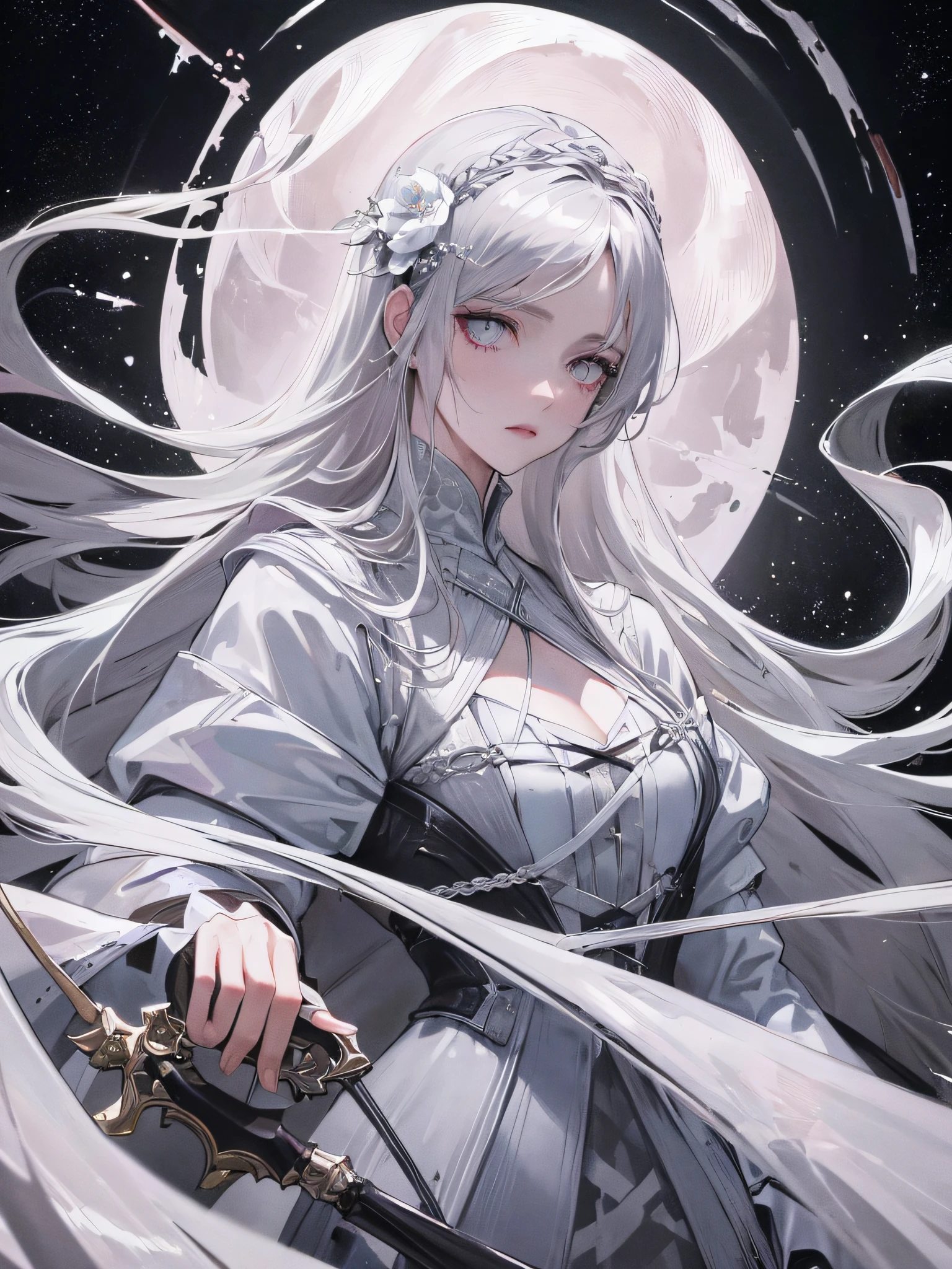 Masterpiece, Best Quality, Night, Full Moon, 1 Girl, Mature Female, Sister, Silver White Long haired Female, Light Pink Lips, Calm, Intellectual, Three Bands, Gray Pupils, Assassin, Short Knife, Flower