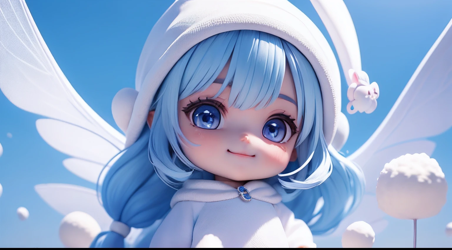 super cute pixar - style white fairy rabbit , shiny white fluffy and fluffy , bright big eyes , fluffy tail , wearing a klein blue sweater dress , klein blue hat , smile , exquisite and exquisite , fairy tale , incredible high details , pixar style , bright color , natural light , solid color simple background , 5 and ctane rendering , popular on artstation , gorgeous , ultra - wide angle , 8K , hd realistic , 8K hd realistic