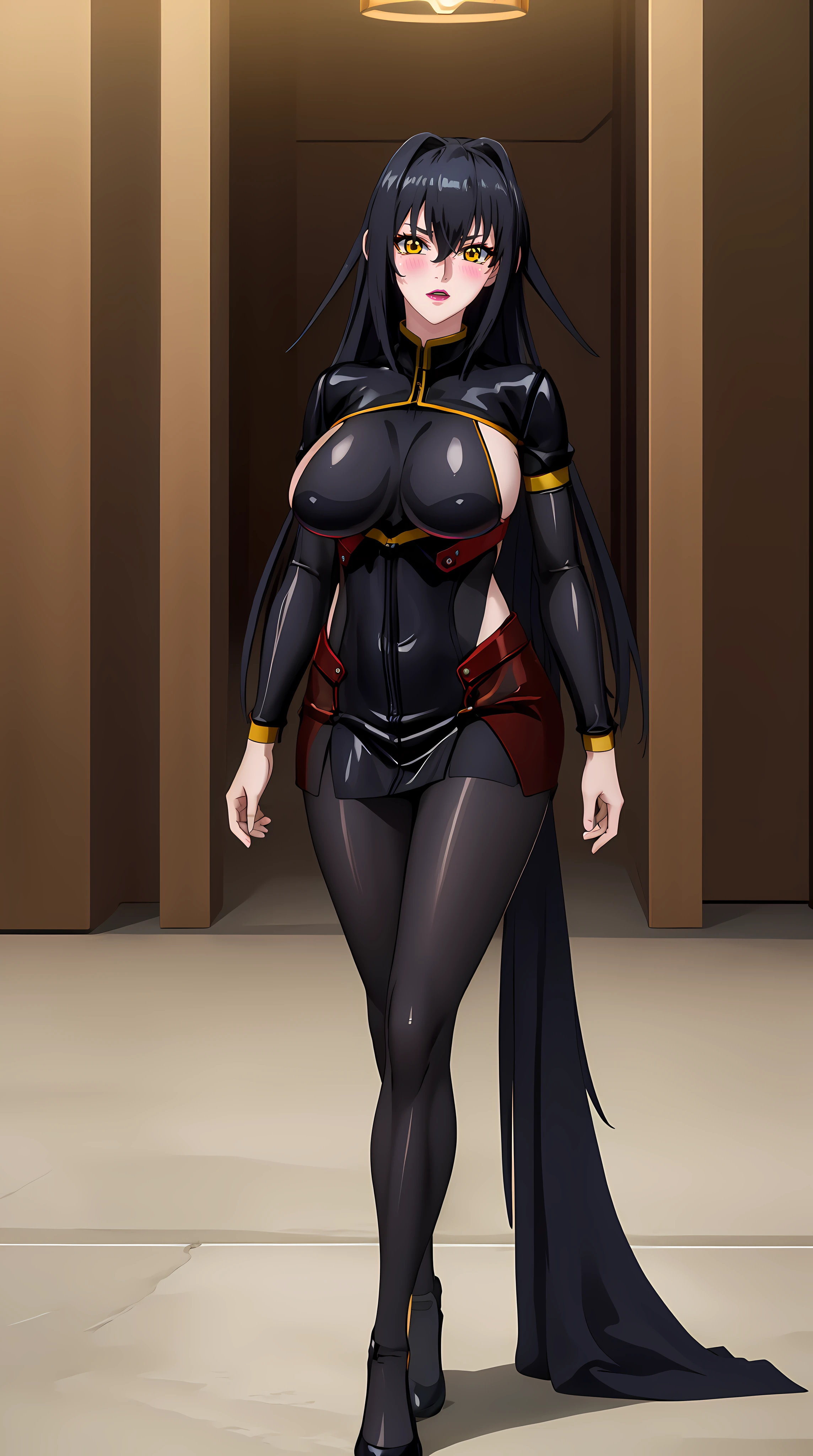 professional artwork, Intricate Details, sharp focus, detailed painting, photorealistic lighting, trending on pixiv, Standing at attention, ((black outfit ,yellow collared shirt,black and red bodysuit,skin_tight,black legwear, black pantyhose, Side_boob)), (((fully suited:1.5))) black hair,very long hair, Bangs,yellow eyes,makeup, lipstick, 40yo,mature female,Beautiful Finger,Beautiful long legs,Beautiful body,Beautiful Nose,Beautiful character design, perfect eyes detail, perfect face, looking at viewer,official art,extremely detailed CG unity 8k wallpaper, perfect lighting,Colorful, Bright_Front_face_Lighting, (masterpiece:1.0),(best_quality:1.0), ultra high res,ultra-detailed, photography, 8K, HDR, highres, absurdres:1.2, Kodak portra 400, film grain, blurry background, bokeh:1.2, lens flare, (vibrant_color:1.2) (Beautiful,large_Breasts:1.4), (beautiful_face:1.5),(narrow_waist), (solo:1.4), ((cowboy shot:1.4, closeup)), annerose:1, (blushing, shy, tsundere:1),
