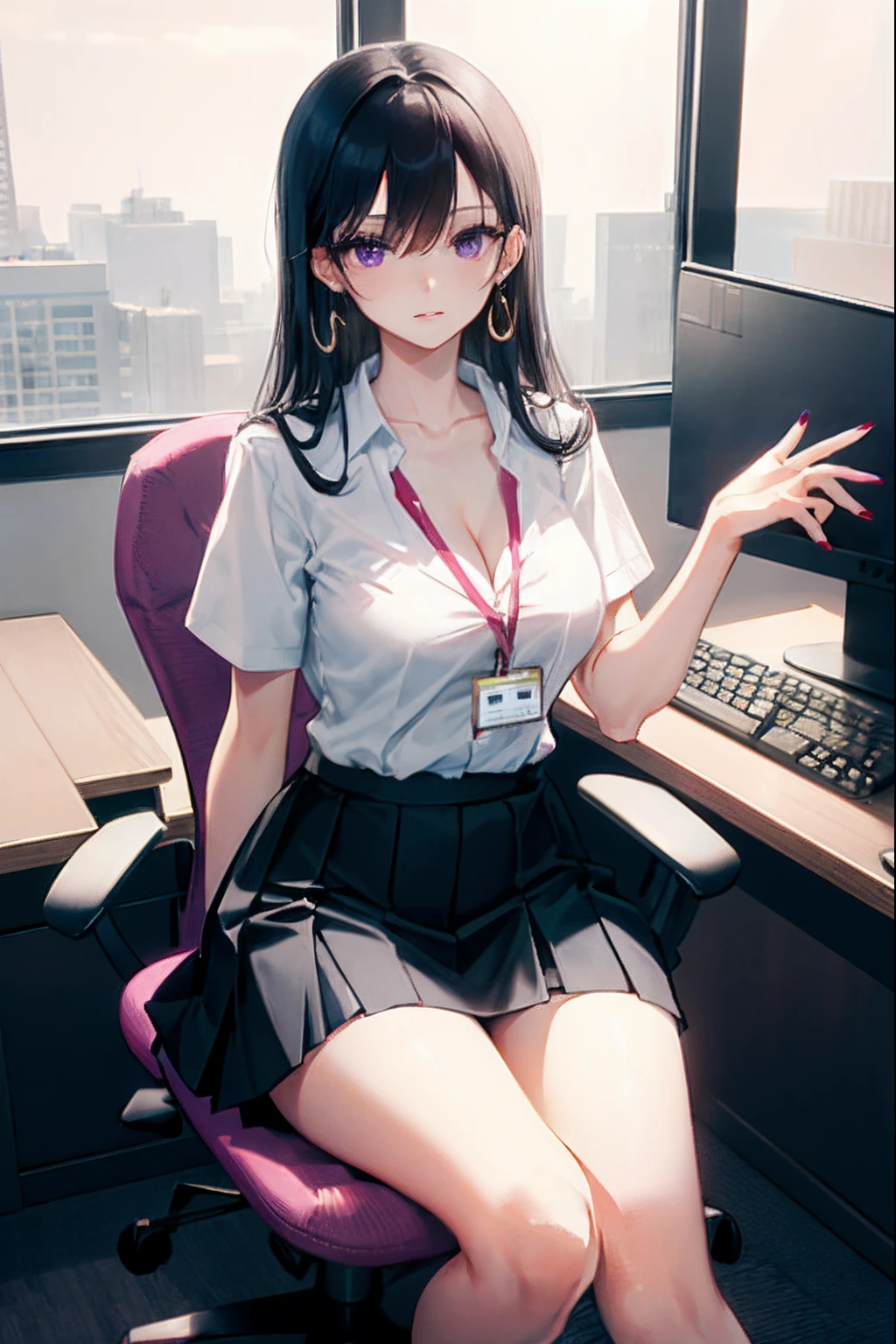boa hancock, 1girll, Solo, ((White shirt)), black thighhigns, Breasts, cleavage, uniform, office backdrop, Black skirt, Pleated skirt, Office, hair between eye, Large breasts, Long hair, view the viewer, Black hair, red short nails, Purple eyes, Solo, upper legs, Thighs, Very long hair, ((Masterpiece)), Sitting, chair, desk, Computer on desk, name tag, id tag, indoor, golden earing, short- sleeved, office shirt top,
