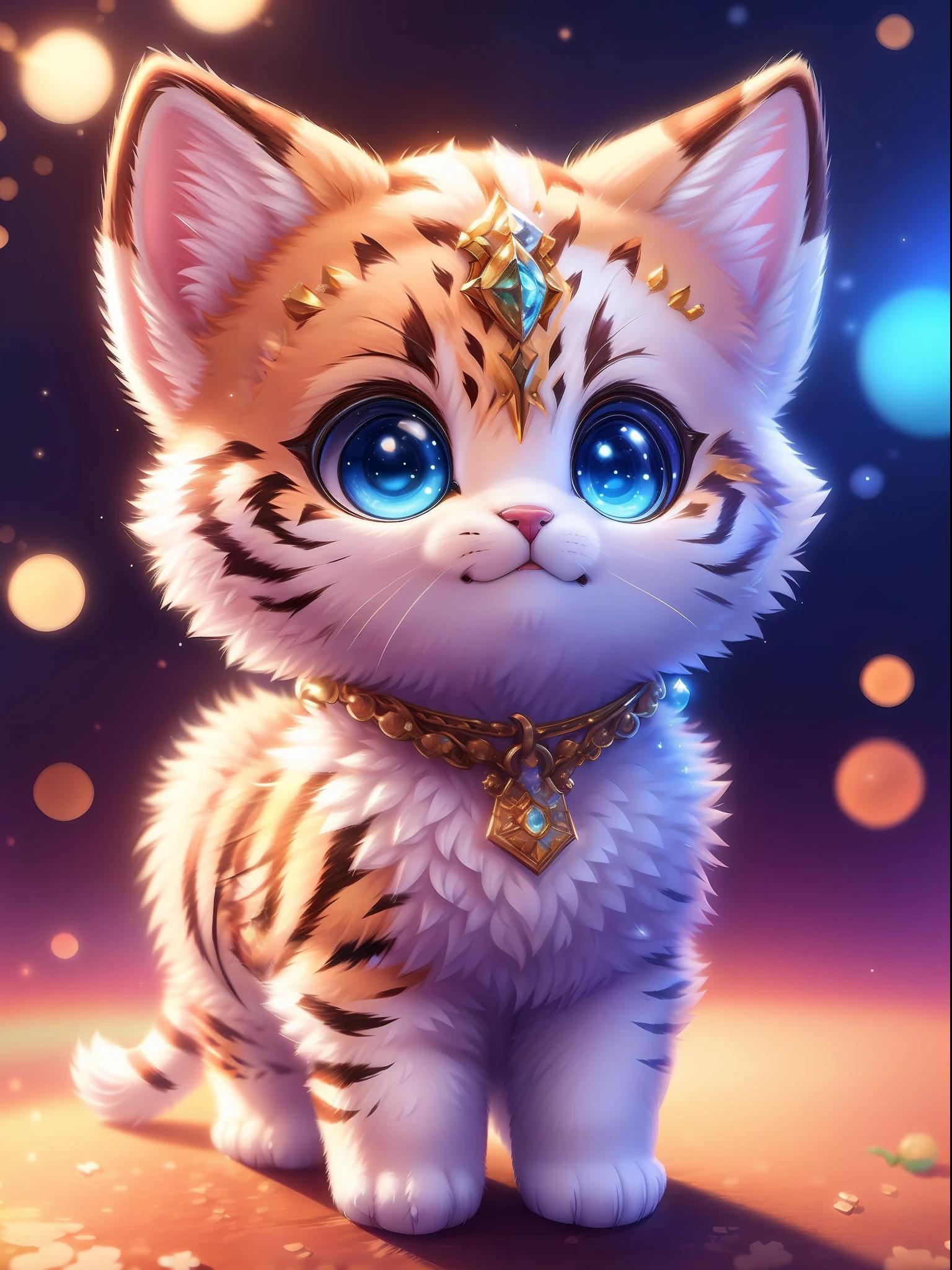 cute tiny hyperrealistic white tiger with different color eyes waring a necklace, Chibi, adorable and fluffy, logo design, cartoon, cinematic lighting effect, charming, 3D vector art, cute and quirky, fantasy art, bokeh, hand-drawn, digital painting, soft lighting, isometric style, 4K resolution, photorealistic rendering, highly detailed clean, vector image, photorealistic masterpiece, professional photography, simple space backdrop, flat white background, isometric, vibrant vector
