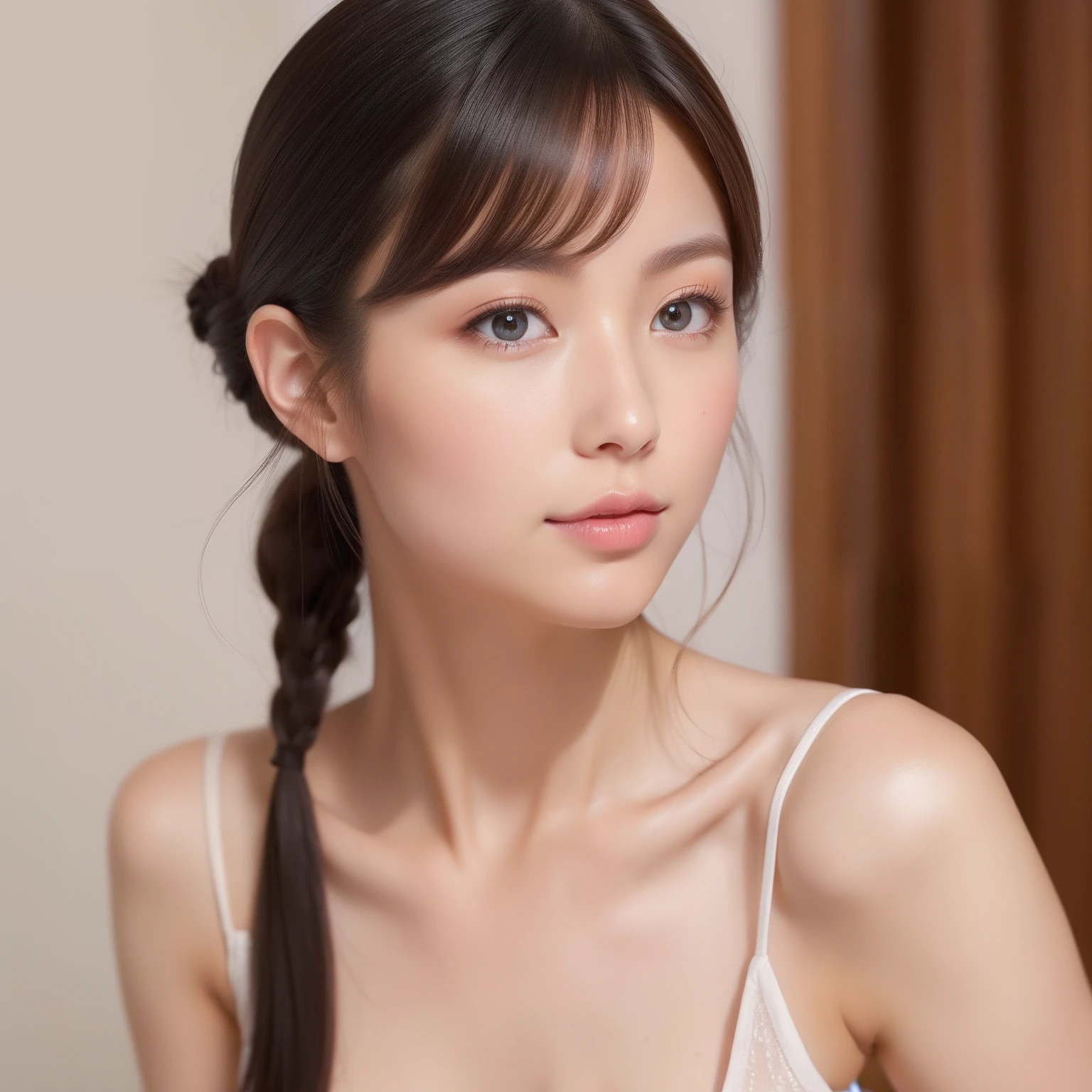 One girl,(((naked))), Purple eyes, Brown Hair, alone, Long Hair, blush, View your viewers, Braid, 