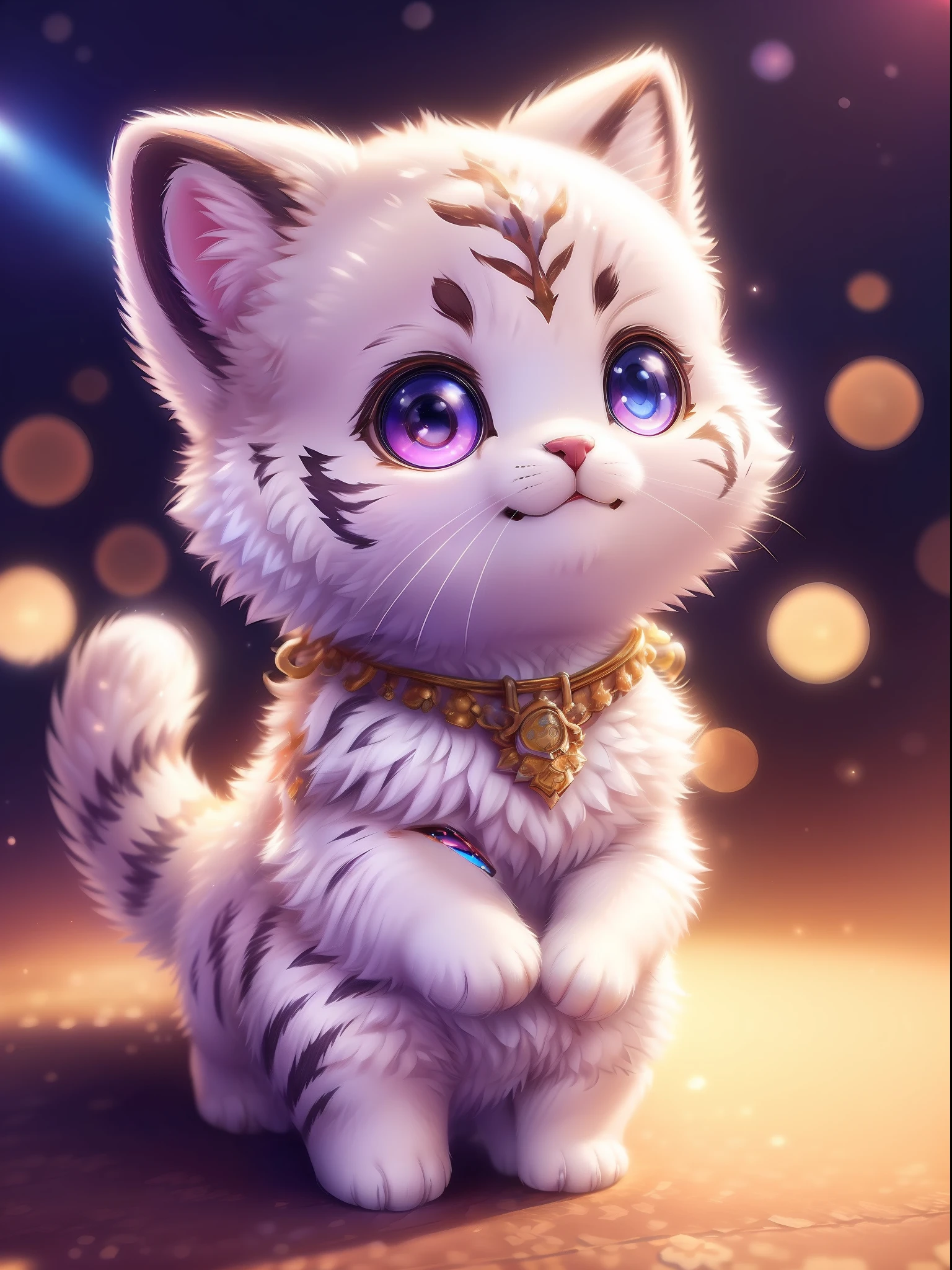 cute tiny hyperrealistic white tiger with different color eyes waring a necklace, Chibi, adorable and fluffy, logo design, cartoon, cinematic lighting effect, charming, 3D vector art, cute and quirky, fantasy art, bokeh, hand-drawn, digital painting, soft lighting, isometric style, 4K resolution, photorealistic rendering, highly detailed clean, vector image, photorealistic masterpiece, professional photography, simple space backdrop, flat white background, isometric, vibrant vector