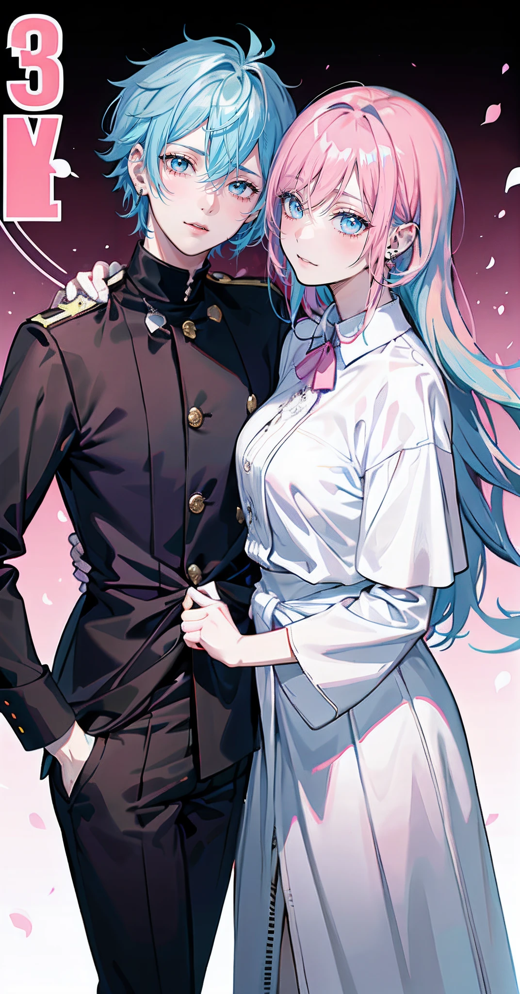 Male and female couples, Idol Photos, Magazine covers, Photos of actors, Professional Photos, Height difference, Happiness, youthfulness, lovey-dovey, extra detailed face, detailed punk hair, very detailed character, inspired by Sim Sa-jeong, single realistic face, Cai Xukun's, detailed realistic faces, highly detailed realistic face, high detailed face anime, realistic detailed face, Accurate detailed face, attractive androgynous humanoid, Black Casual Idol Costume, ((Man with light blue hair)), ((Woman with pink hair)), ((Woman with long hair below waist)), ((Man with short hair over ears)), ((Pink hair woman with gentle expression)), ((Man with light blue hair with wild expression)), high-level image quality, masterpiece, Photographed so that the whole body can be seen, Photographed to make clothes look beautiful, Take your eyes off, ((two individuals))