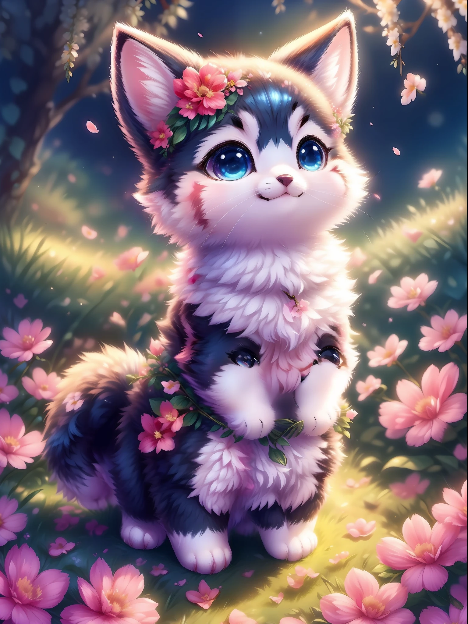 Complex background, Beautiful lighting, deepshadow, Best Quality, masutepiece, 超A high resolution, Photorealistic, lots of fine detail, Soft colors, Volumetric lighting, scifi, Contrasty:0.5, Solo:1.4, (main visuals_coon:1.2), (corgi:0.8), Cute, animal, forest, tussock, willow trees, flower petals, ultra fluffy, cutemaomao