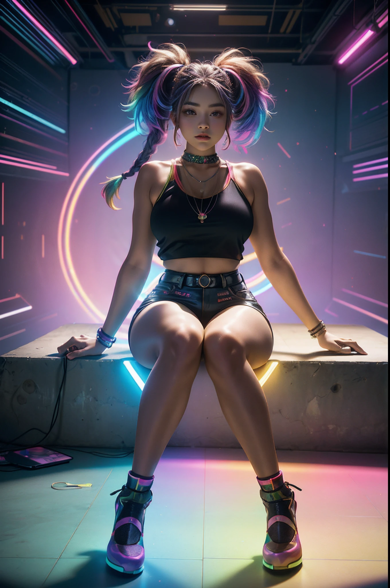 mulher arafed ((Mexicano))with long rainbow hair and a neon cyberpunk tank top, two braids, retrato, Ela tem um rosto bonito, Imagens da Webcam, clivagem, peituda, sexy look at the camera, Fotografado na webcam, 4k, 8k, UHD, wlop, masterpiece , art by jeehyung lee. Perfect composition. .Seu peito, she's facing the camera, gorgeous Caucasian female, fundo do clube de discoteca, RGB, LED Rave Lighting. She's standing showing her voluptuous curves. (Sitting on the floor with her legs spread open. Cameltoe visible)