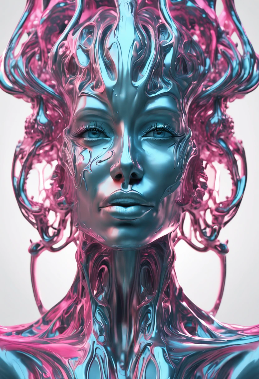 with a sleek, Artistic Designer , Brushed Metal and White, Multiple computer monitors, Blue and pink shades, Highly detailed, A hyper-realistic.3D abstract twisted fluid liquid shape with glowing water droplets,neo-dada, holy cyborg necromancer girl