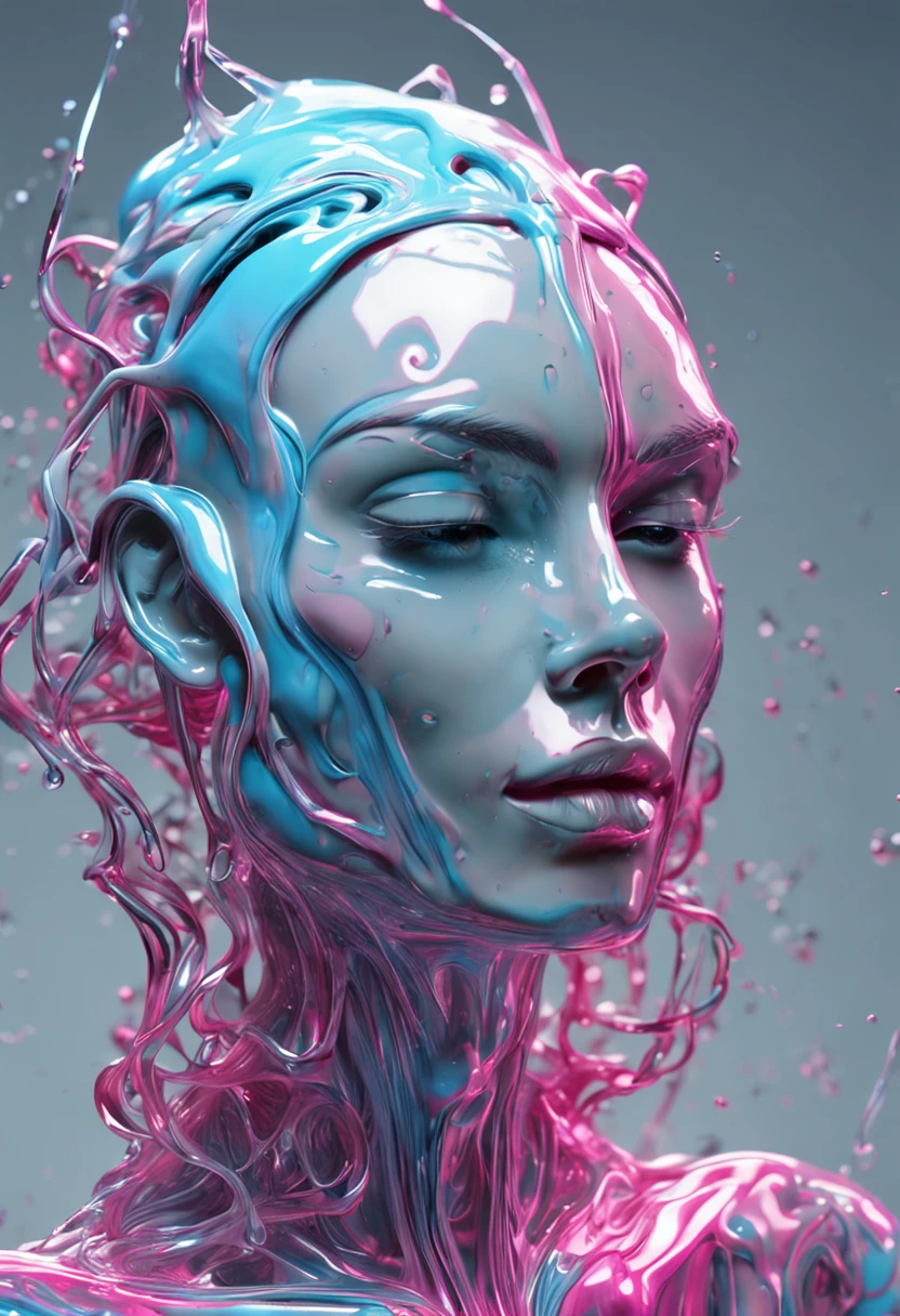 with a sleek, Artistic Designer , Brushed Metal and White, Multiple computer monitors, Blue and pink shades, Highly detailed, A hyper-realistic.3D abstract twisted fluid liquid shape with glowing water droplets,neo-dada, holy cyborg necromancer girl