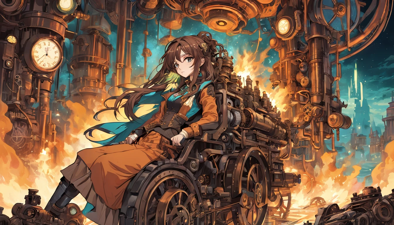 Steampunk pop art,Alchemist in the palace,Master the art of mystery,Young person,Long messy hair,A river of stars,A mysterious flame burning in a furnace,Stable mastery of the furnace fire,steampunc,Cybertron art