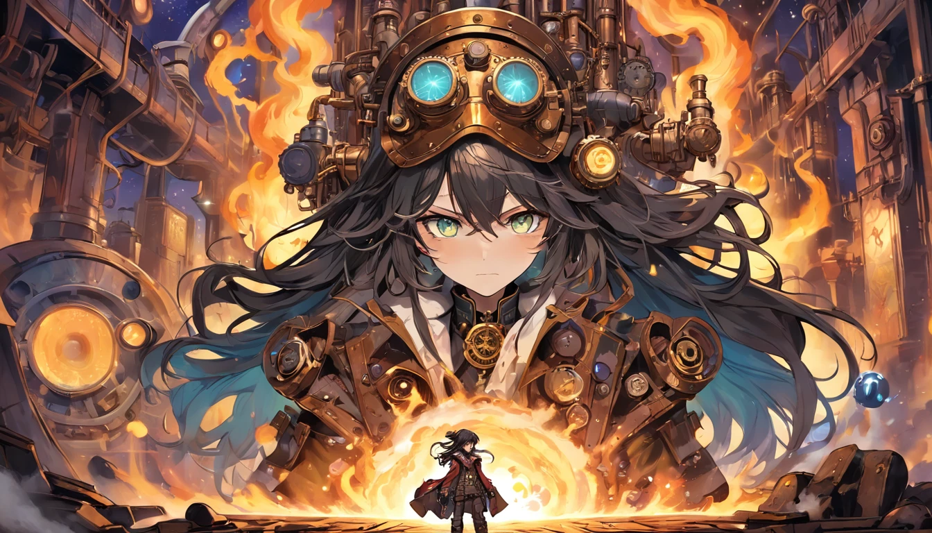 Steampunk pop art,Alchemist in the palace,Master the art of mystery,Young person,Long messy hair,A river of stars,A mysterious flame burning in a furnace,Stable mastery of the furnace fire,steampunc,Cybertron art