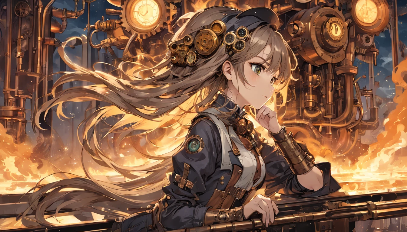 Steampunk pop art,Alchemist in the palace,Master the art of mystery,Young person,Long messy hair,A river of stars,A mysterious flame burning in a furnace,Stable mastery of the furnace fire,steampunc,Cybertron art