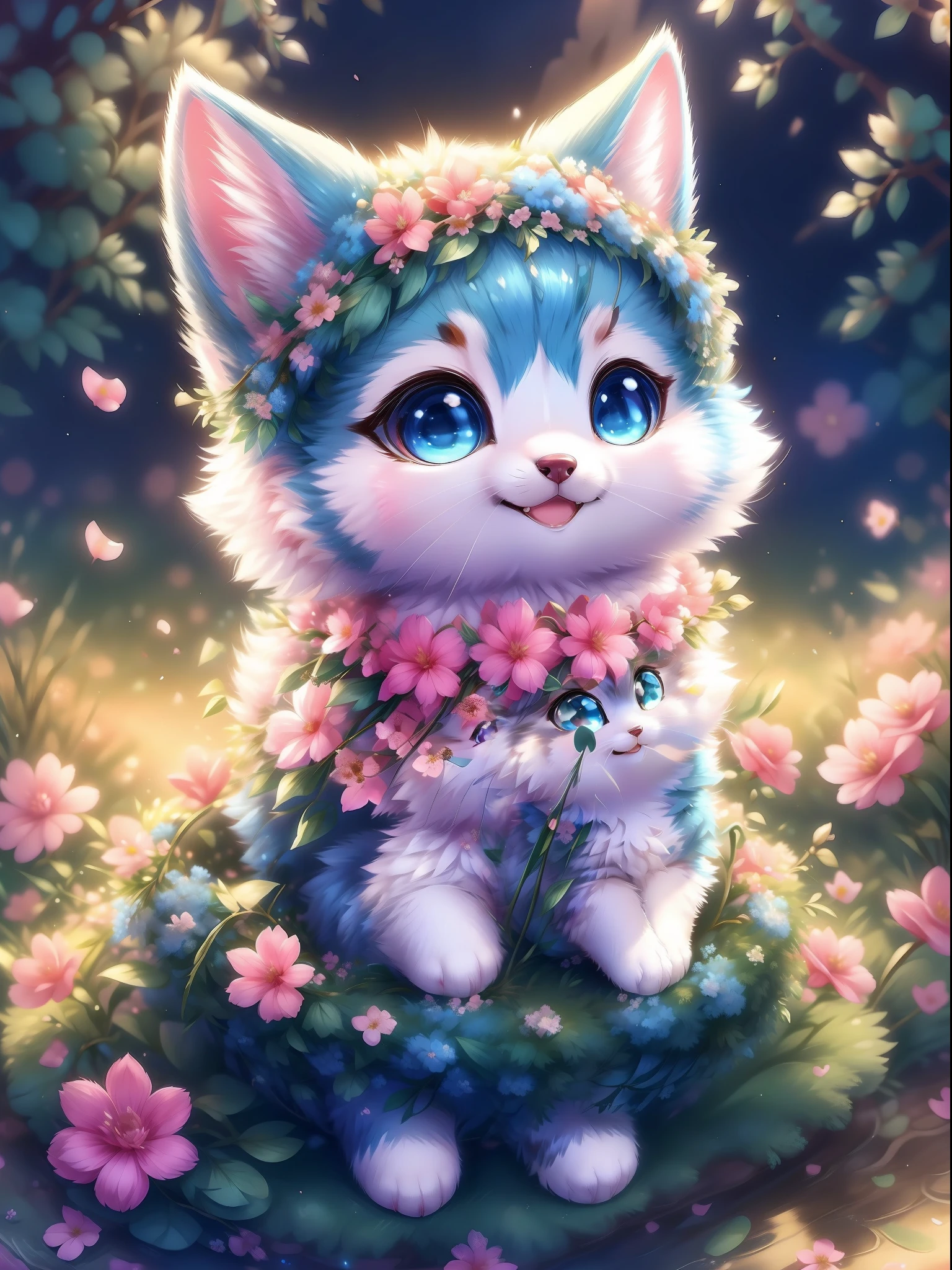 A close up of a cat with flowers on its head - SeaArt AI