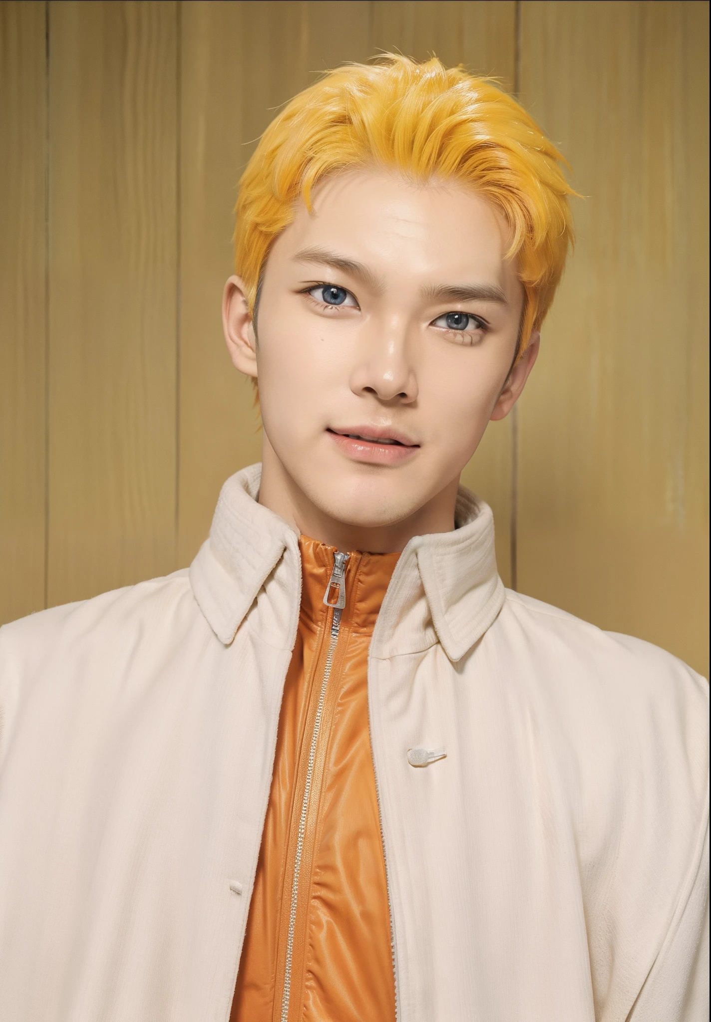 Real life adaption of this character,realistic detail same yellow long very spiky hair,wearing realistic orange sport jacket with Zipper and wearing realistic white thin cloak with collar,((handsome Korean  face)),hyper realistic,realism,realistic light,realistic shadow,(photorealistic:1.2),blue eyes,a bit smile expression